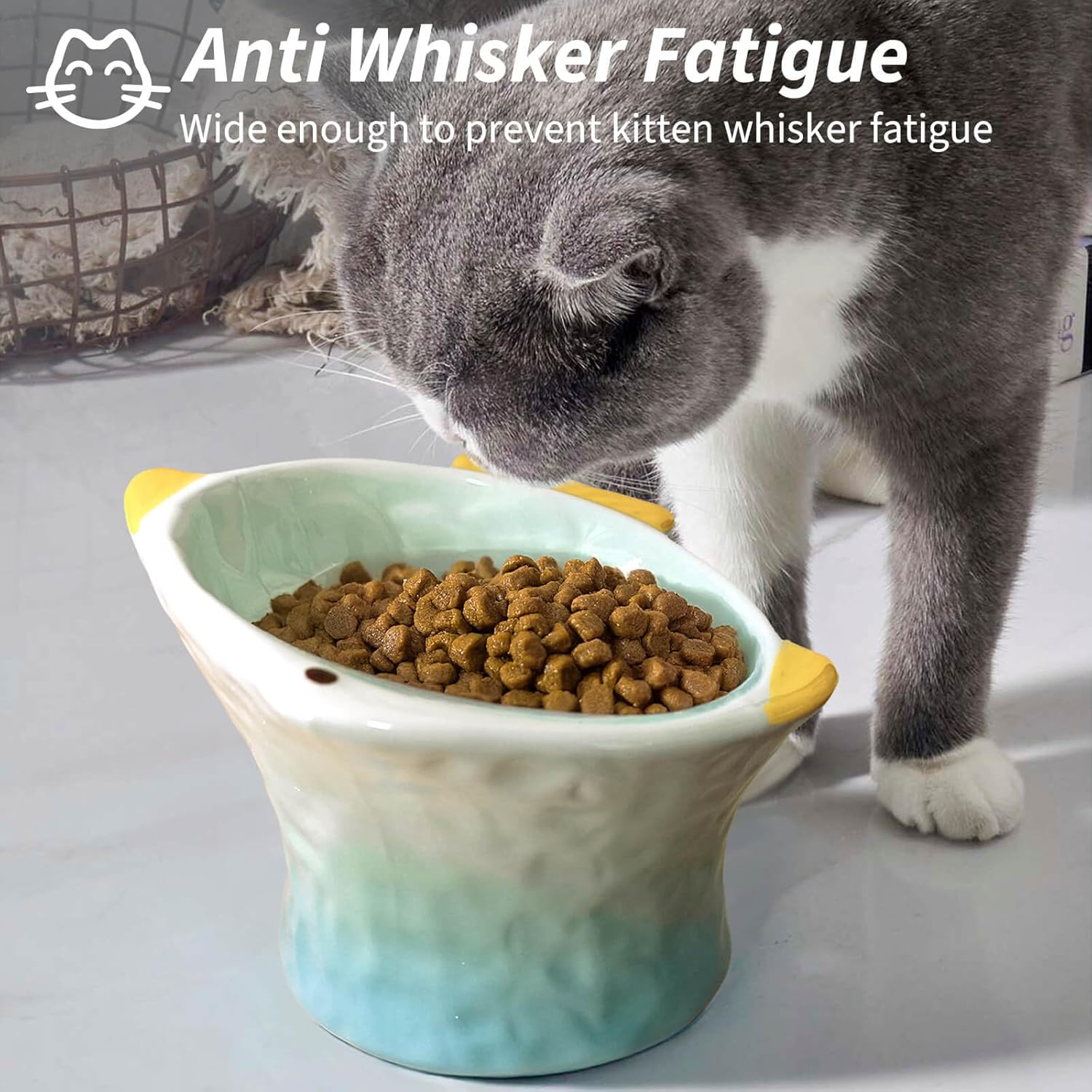 Ceramic Raised/Elevated Cat Food Bowl Set of 2,Ergonomic Cat Feeding Bowls Whisker Friendly,Cute Fish Shape Cat Food and Water Bowl Tilted Cat Bowls for Indoor Cats (Pink, Green)