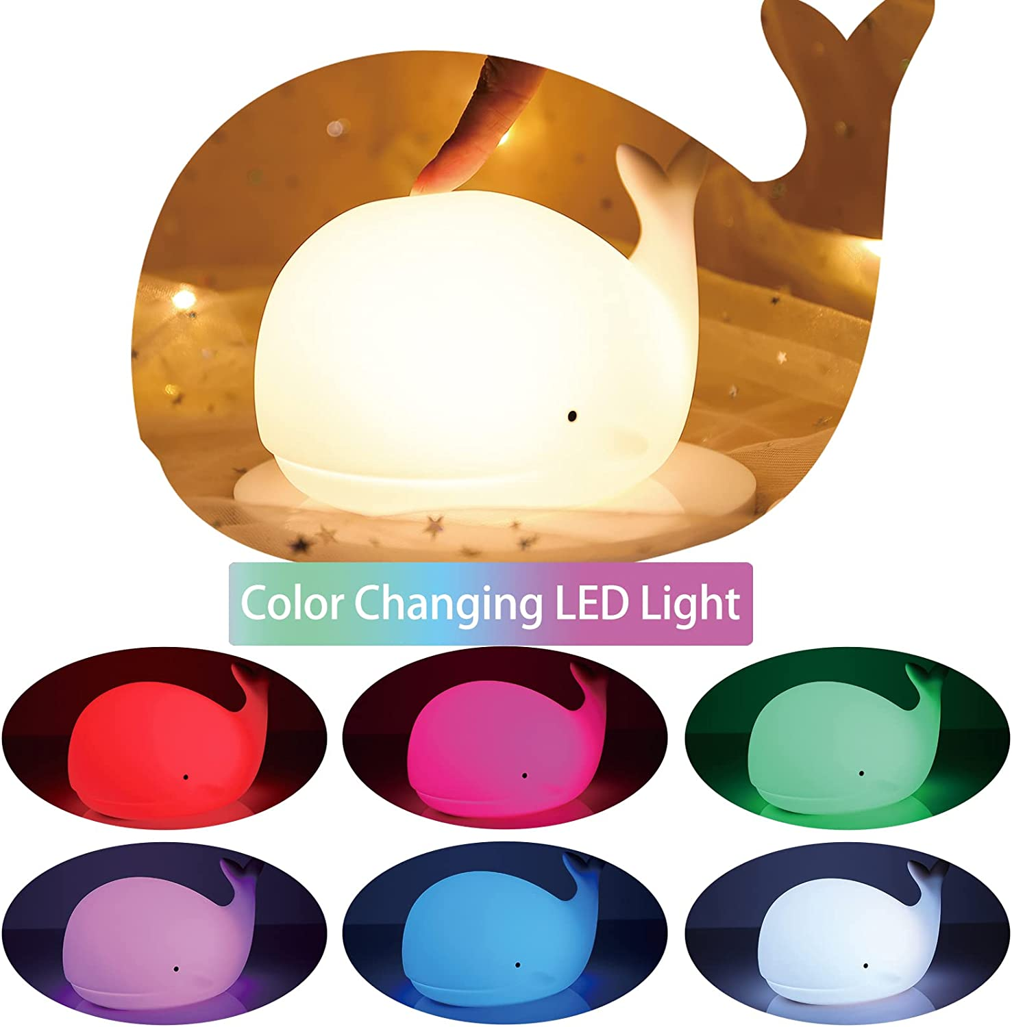 Zklili Cute Whale Night Light for Kids - Kawaii Baby Lamp, Silicone Touch Light, Portable USB Rechargeable Nursery Lamp, Gifts for Baby Girls and Boys image number 3