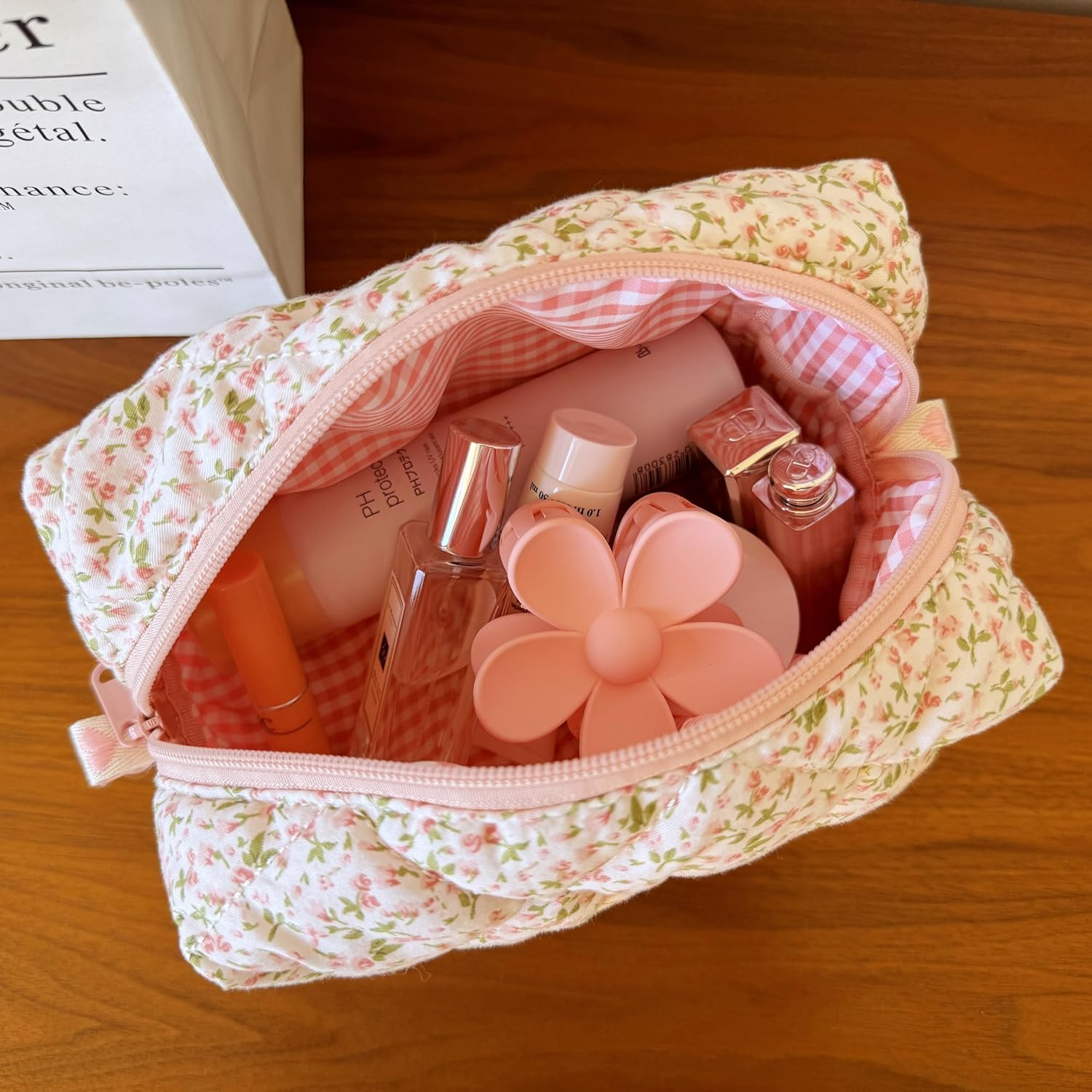 ZUNUONUO Cotton Quilted Makeup Bag Coquette Accessories Make up Bag Organizer Cute Floral Cosmetic Pouch Travel Makeup Bag for Women, Little Roses, Coquette