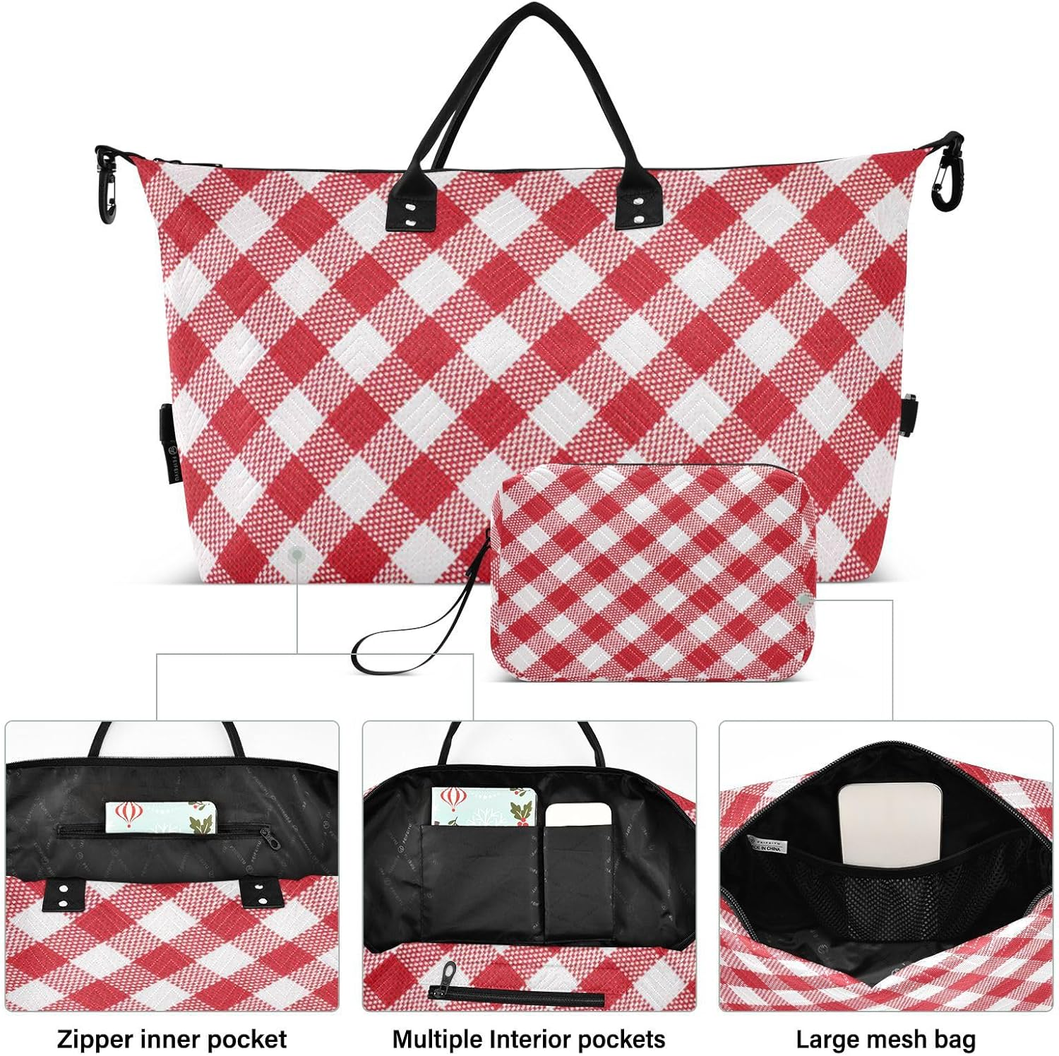 Large Travel Duffel Luggage Weekender Bag Buffalo Plaid Red White Gym Tote Bag with Adjustable Strap for Sports, Buffalo Plaid Check Tartan Scotland Red, Set of 2, Art Deco image number 1