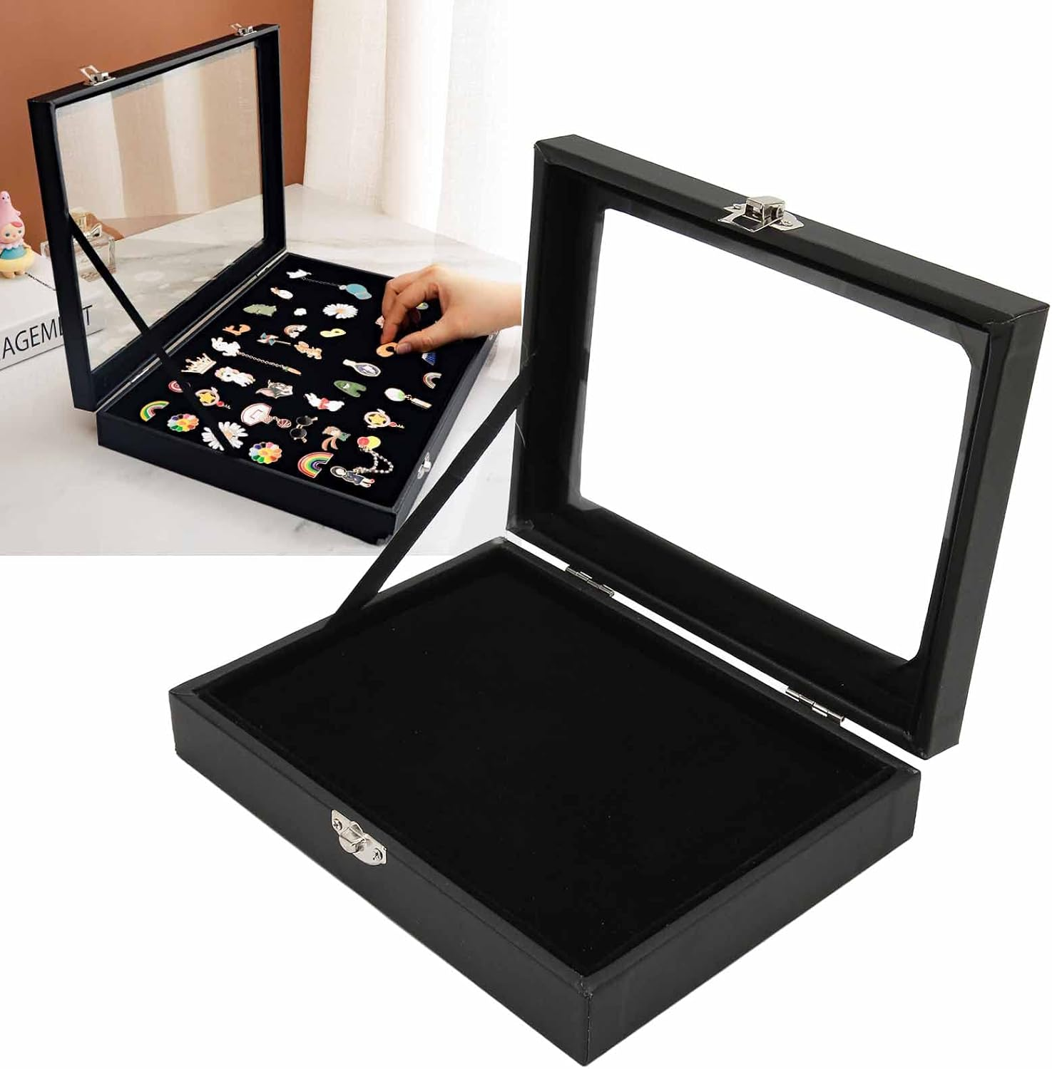 Dustproof Pin Display Case, Transparent Glass Cover Pin Collection Display Box Table Top Jewelry Display Case for Military Medals, Beach Tags, Jewelry Pin, Collectibles (S) image number 5