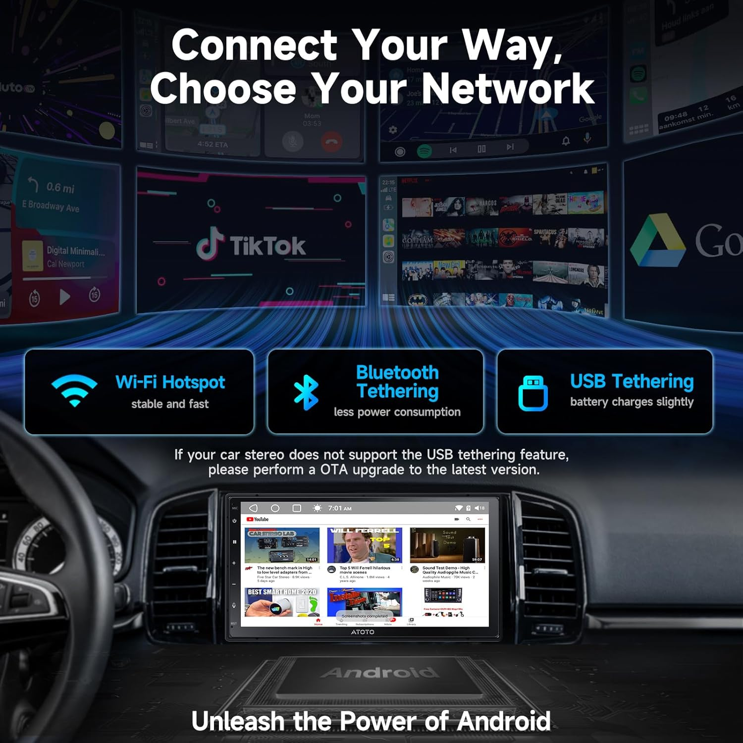 ATOTOZONE A5L 7" Double Din Android Car Stereo Wireless Carplay and Android Auto, Touchscreen Car Audio Receivers with GPS, Wifi/Bt/Usb, 2+32G, 24-Band EQ, FM/AM, Split-Screen image number 5