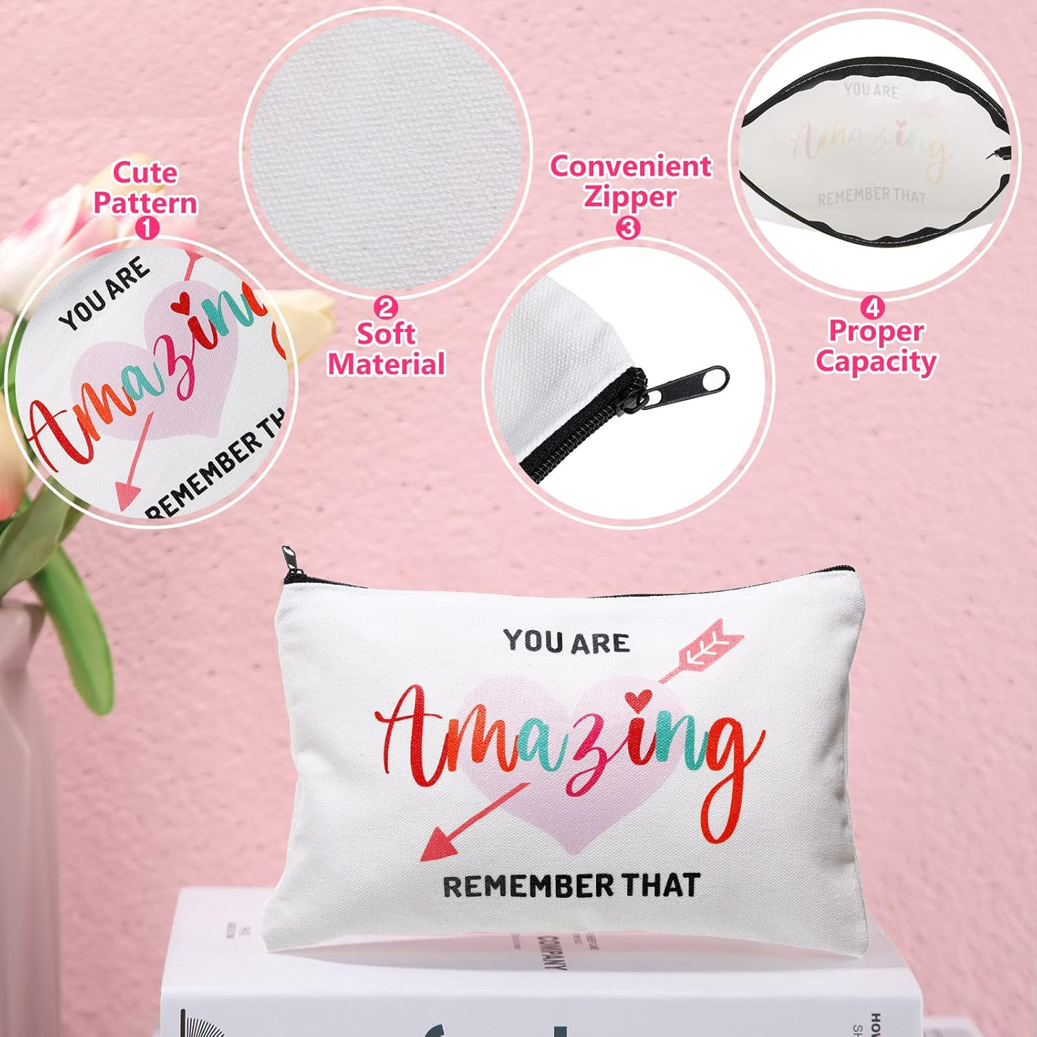 Chunful 10 Pieces Inspirational Canvas Makeup Bags for Women Bulk Rainbow Canvas Makeup Bags Cosmetic Bag with Zipper Friendship Gift Travel Toiletry Bag Pouch, White, Tree Style - Vintage Wildflowers image number 3