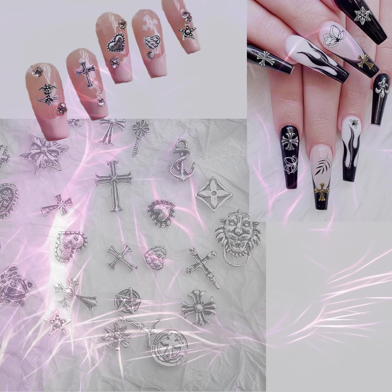 80Pcs Leeneen Silver Metal Cross Nail Charms for Nails Design,Y2K 3D Chrome Nails Art,Vintage Alloy Cross Heart Skull Acrylic Charm for Women, Halloween Nail Supplies (L1) - L2 image number 2