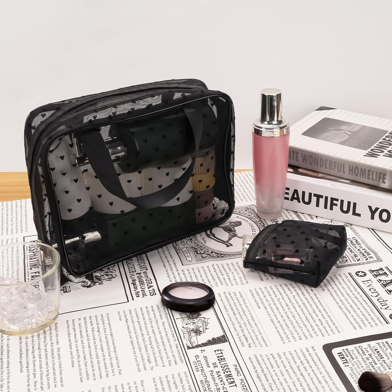 Mesh Makeup Bags, Heart Print Zipper Mesh Storage Pouch, Travel Cosmetic Accessories Organizer for Women, Black-Set of 3 - Black, Beige, Pink image number 6