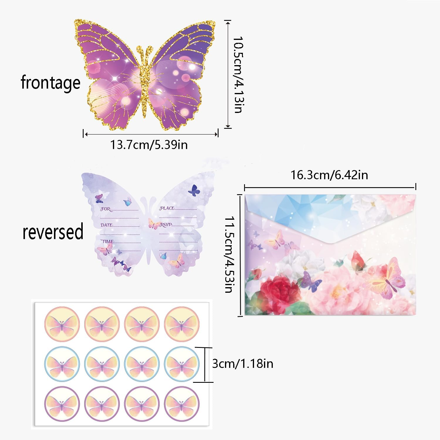 Taicols Birthday Invitations with Envelopes, 12 Set Butterfly Party Invitations with Envelopes Stickers for Party Supplies, Blank Birthday Invites Card, Fill in the Blank Invites Birthday Invitations image number 2