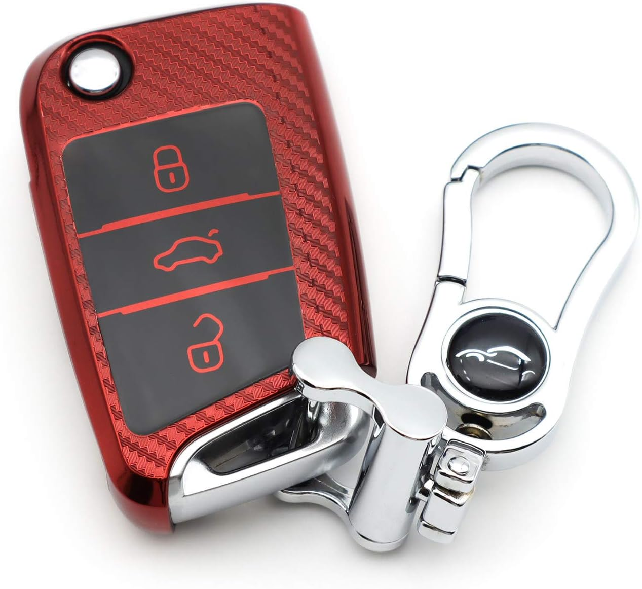 M.Jvisun Soft Carbon Fiber Finish Car Key Fob Cover for Volkswagen Atlas Golf Jetta Polo for Tiguan for Skoda Kodiaq Karoq for Audi A1 for Seat Ateca Leon Flip Key TPU Case with Keychain - Red image number 1
