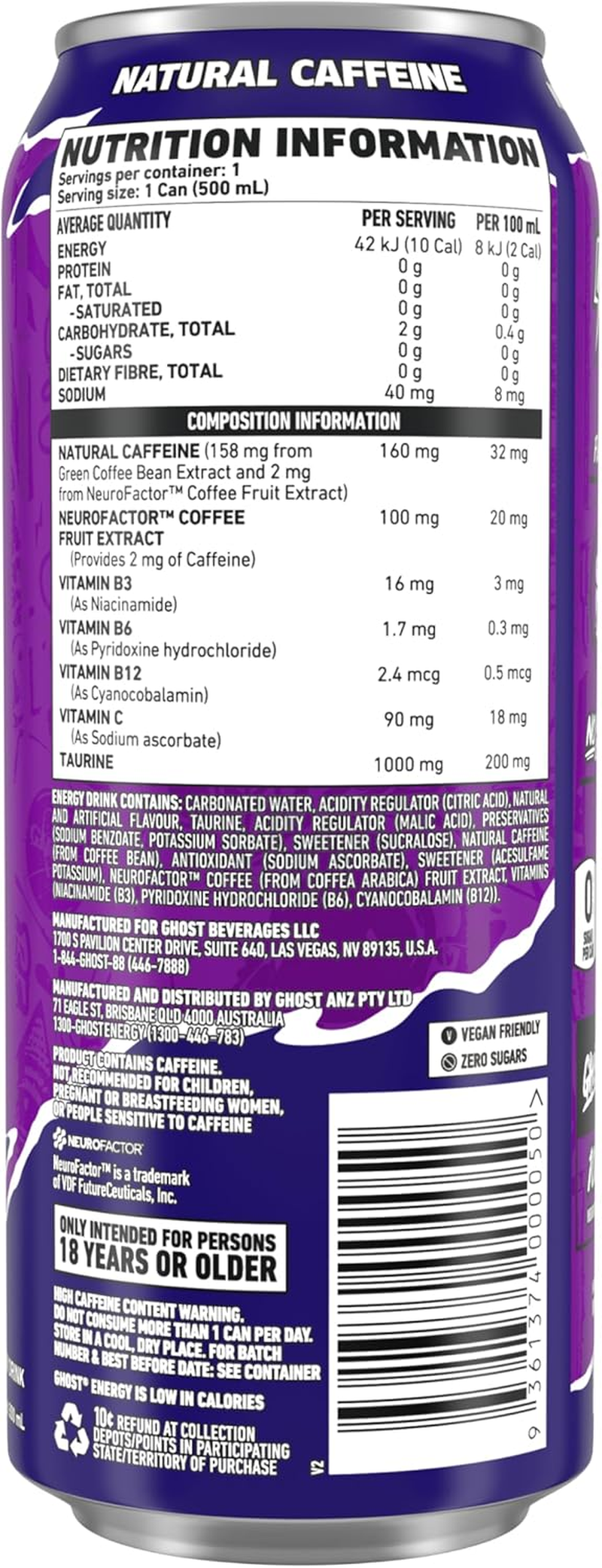 GHOST Energy Drink - 12-Pack, Grape, 500 Ml Cans - Energy & Focus & No Artificial Colours - 160Mg of Natural Caffeine - Vegan