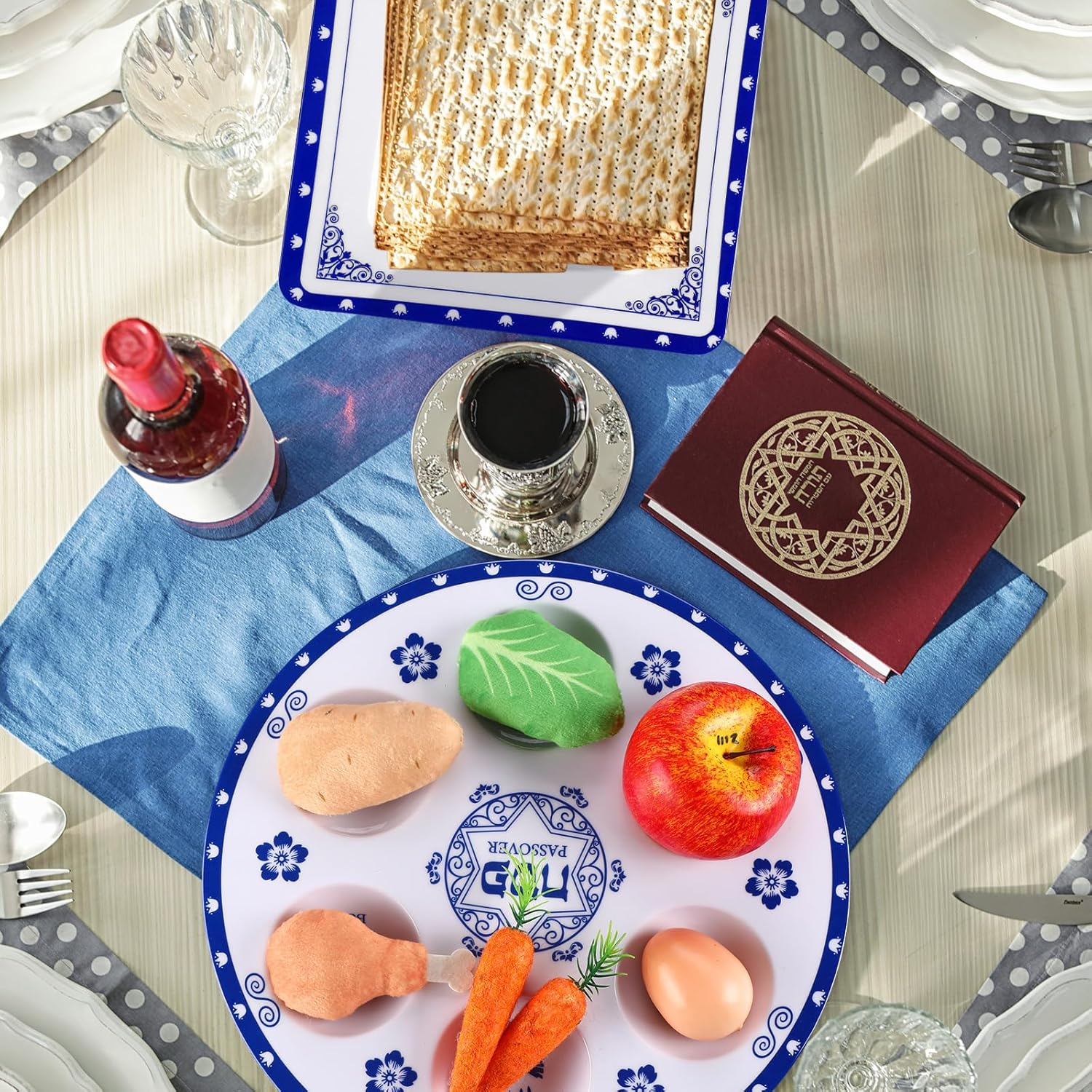 Foldtier 4 Pcs Passover Seder Plate Set Includes round 12 Inch Renaissance Seder Plate, 8 Inch Square Matzo Tray, 3 Pocket Silk Matzo Cover, Zipper Afikoman Bag for Pesach Decoration Dinnerware
