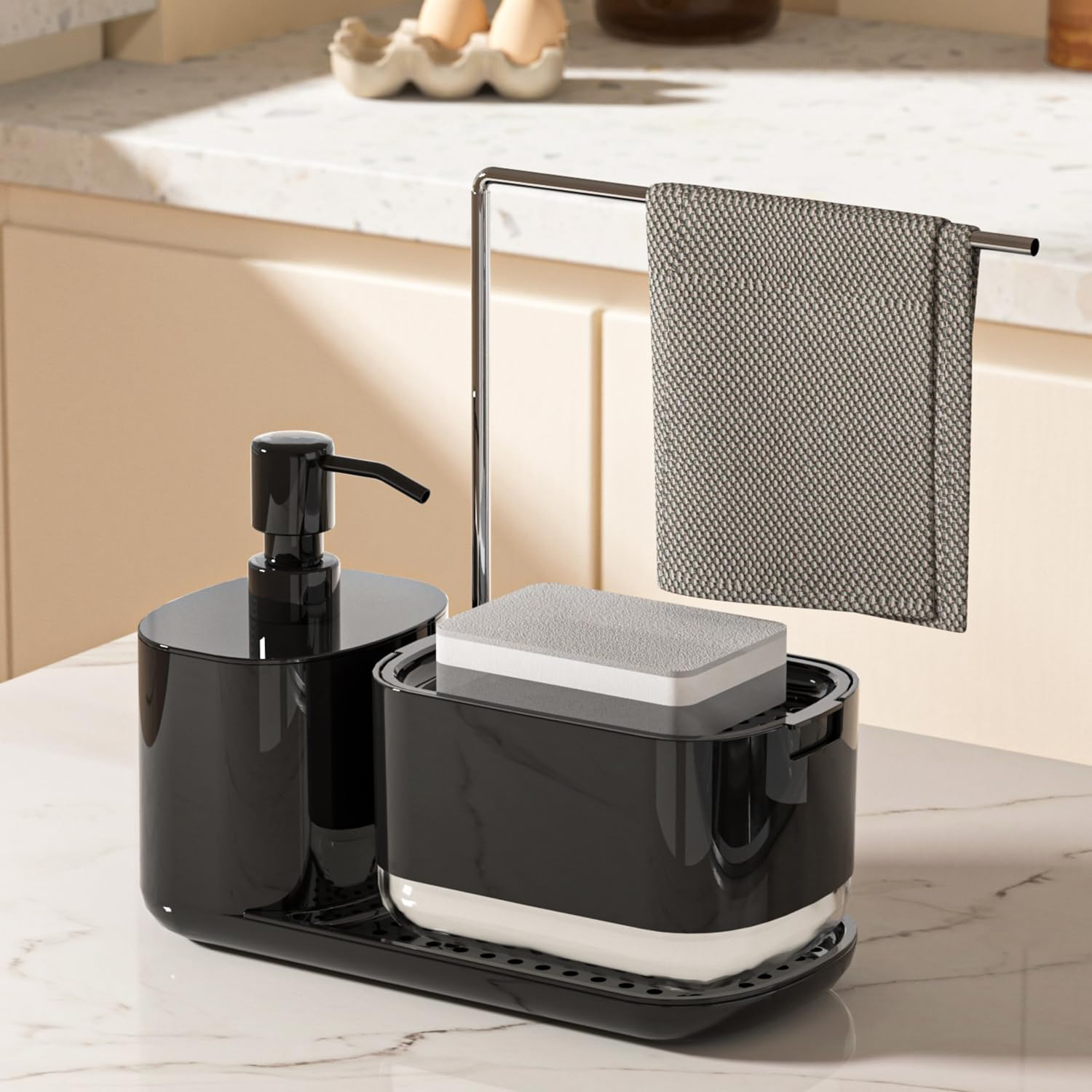 AMZYYDS 4 in 1 Hand Soap and Dish Soap Dispenser for Kitchen with Sink Organizer Dual Dispenser for Dishwashing and Hand Washing,Kitchen Sink Caddy for Storage of Sponges and Washcloths (White)