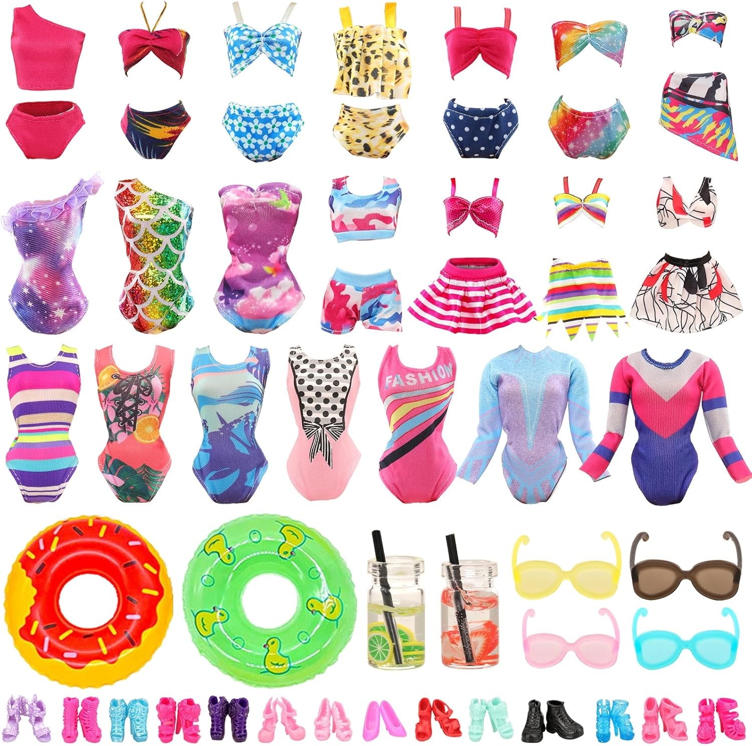 BARWA 18 Pcs Summer Doll Clothes and Accessories Including 5 Sets Swimsuits Beach Bathing Bikini with 2 Swimming Rings 2 Drinks 4 Glasses 5 Shoes for 11.5 Inch Girl Dolls image number 3