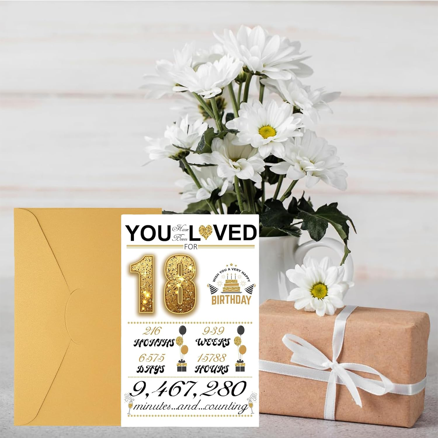 AIQIUQIU 18Th Birthday Card for Boys Girls, Funny Greeting Card with Several Important Time (Years/Months/Weeks/Days/Hours/Minutes), Party Decor Supply Ideas Birthday Card for Him or Her, Gold