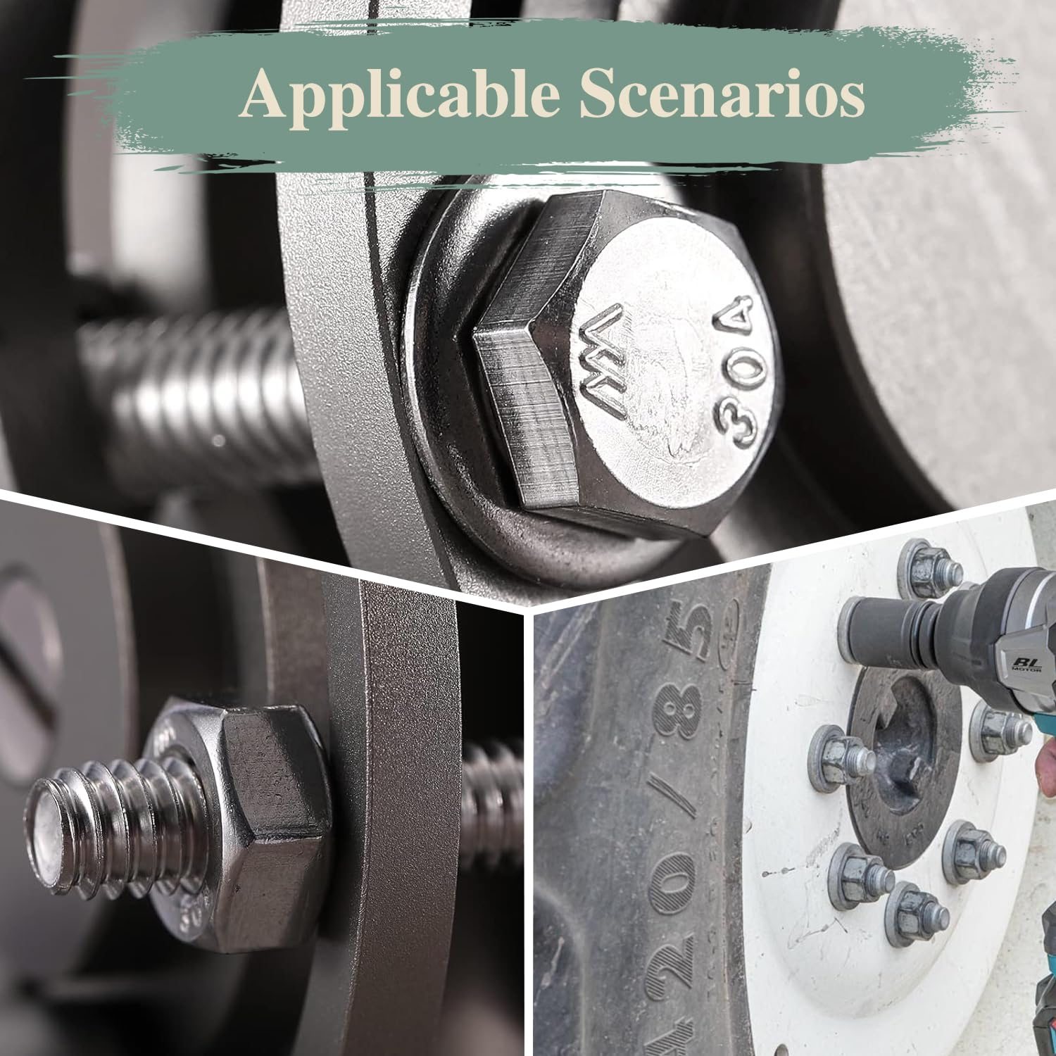 M8&times;50Mm Hex Bolts, Nuts, Flat Washers and Lock Washers, 20Pcs, 304 Stainless Steel, Fully Threaded Screw Bolts image number 3