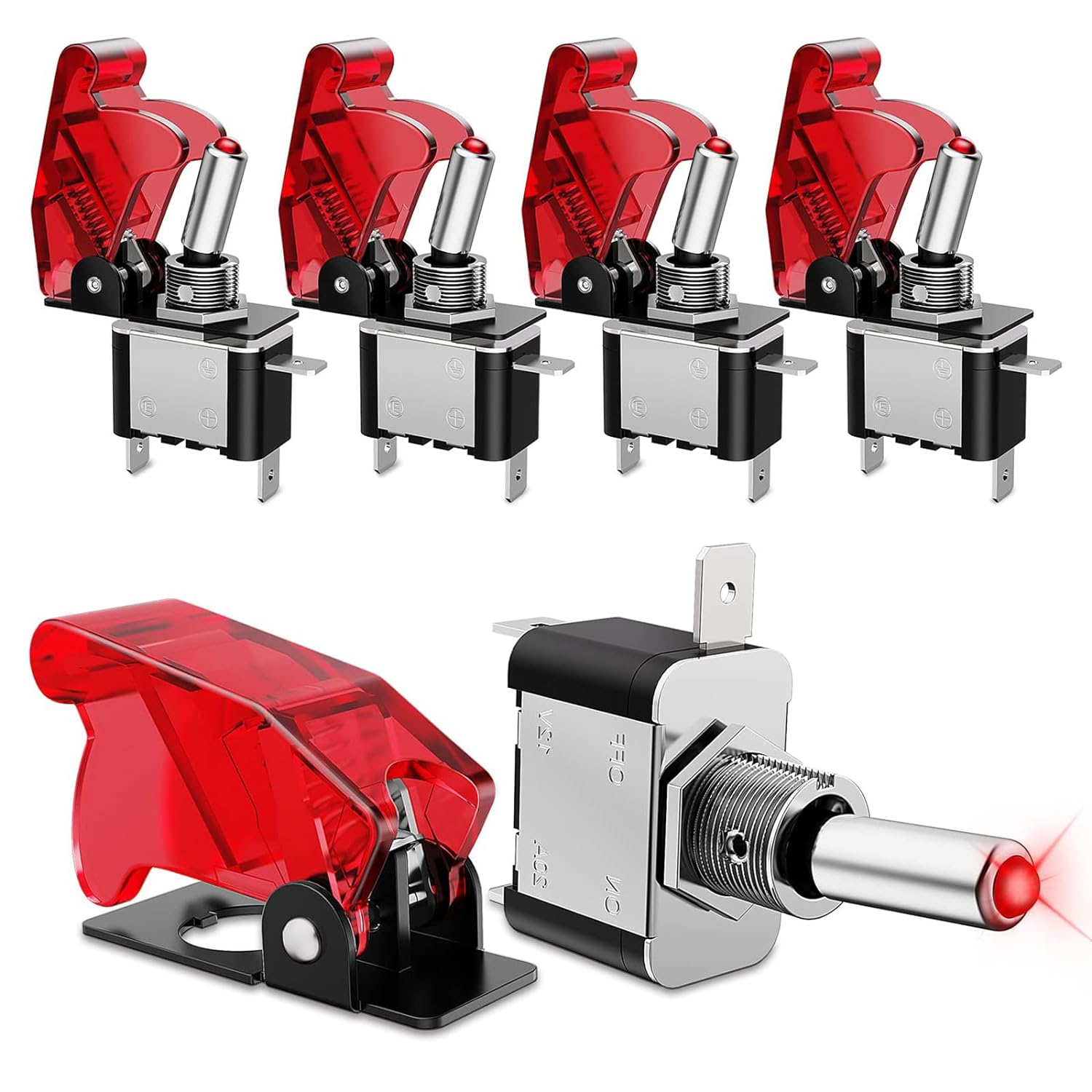 Toggle Switch with Lamp, Waterproof Toggle Switch 5Pcs with Weatherproof Boot Cap Cover - Heavy Duty On-Off Switch for Auto Car Marine Boat, 12V 20A, Plastic and Metal