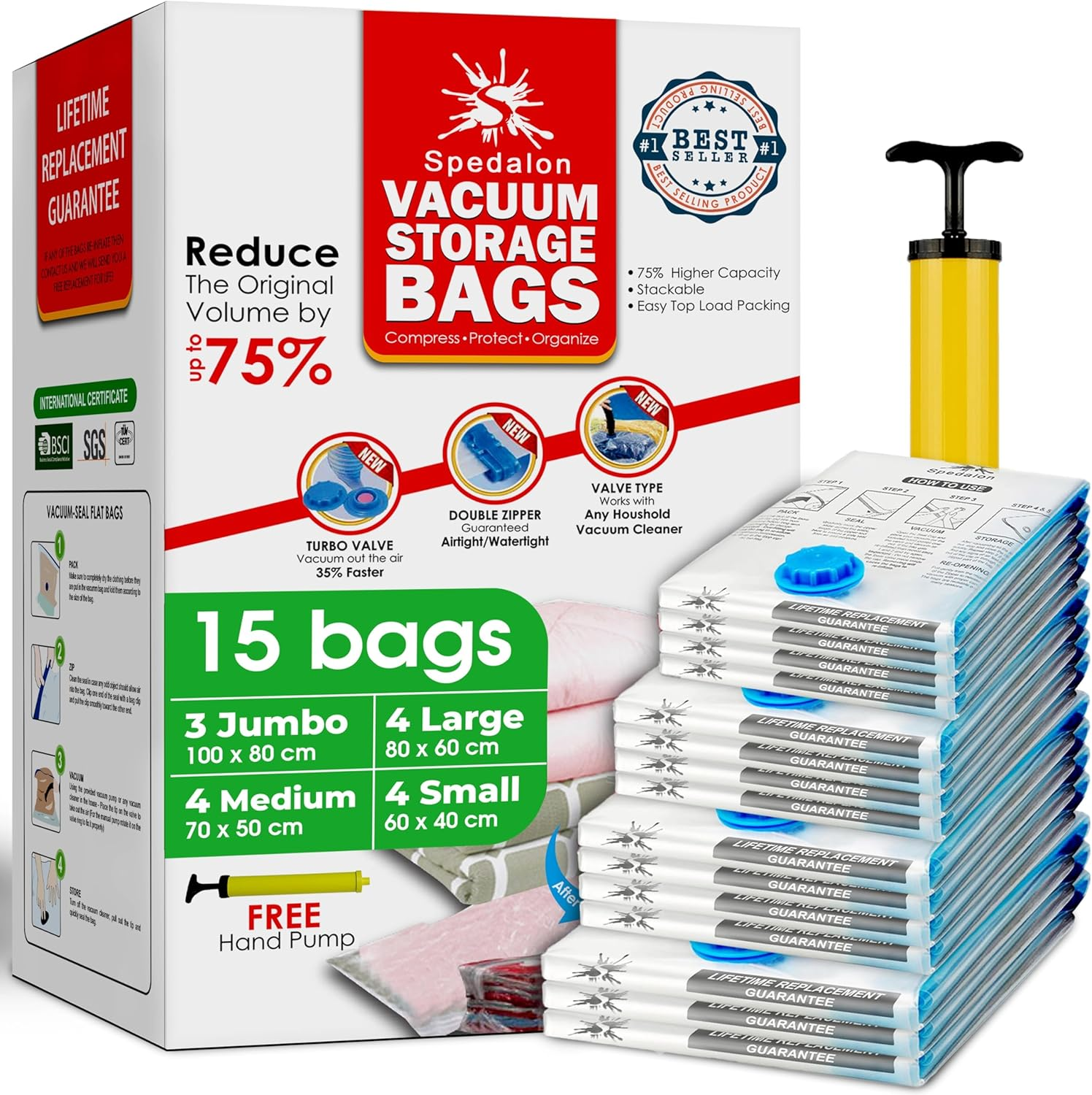 Vacuum Storage Bags - Pack of 15 (3 Jumbo + 4 Large + 4 Medium + 4 Small) Reusable Space Savers | Free Hand Pump for Travel Packing. Best Sealer Bags for Clothes, Duvets, Bedding, Pillows, Blankets image number 1