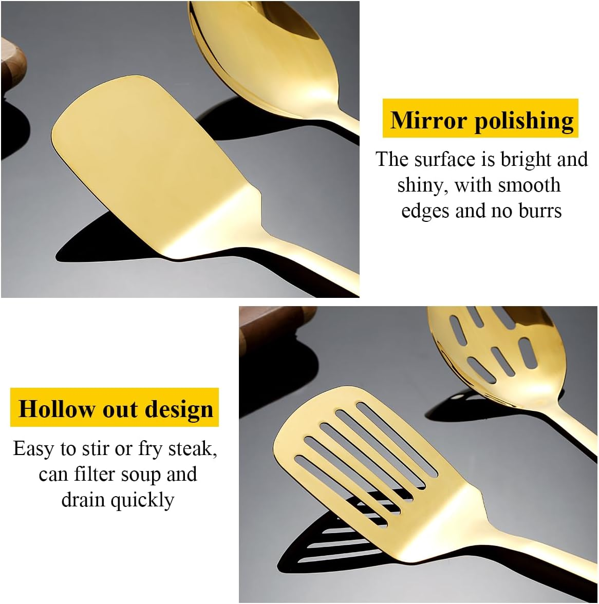 HOMQUEN Gold Kitchenware Set 4Pcs, Titanium Gold Plating Stainless Steel Cookware Set, Kitchen Tools Spatulas Set, Cooking Spoons, Home Essentials Kitchen Gadgets Accessories - 2.Gold image number 1