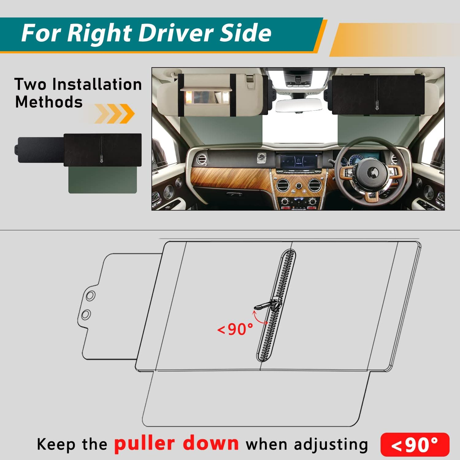 Sun Visor for Car, Universal UV400 Anti-Glare Polarized Sun Visor Extender for Right Seat, Car Adjustable Front/Side Sunshade Windshield Driving Visor Blocker with Polycarbonate Lens image number 6