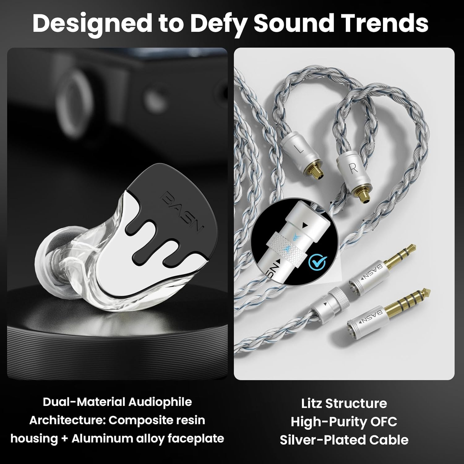 BASN Bmasterx in Ear Audio Monitor, Hybrid 6 Drivers IEM Earphones with Crystal Clear Sound, Detachable Cable plus Carrying Case & Fit Kit for Musician, Stage, Studio (3.5Mm/4.4Mm Jack, Black/White) - Deep Black  Silver image number 7