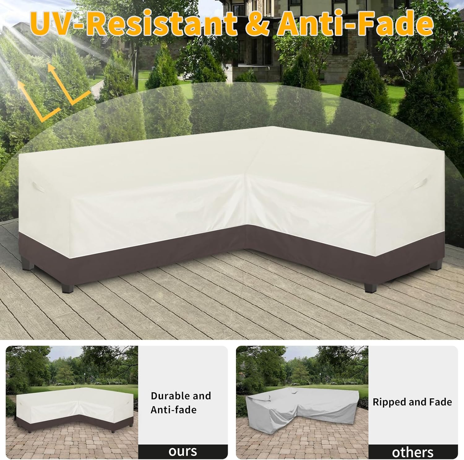 Easy-Going Outdoor L-Shaped Sectional Sofa Rain Cover 104''X83'' UV Resistant Patio Sectional Couch Waterproof Lawn Patio Furniture Cover (Right Facing, Beige/Brown) image number 4