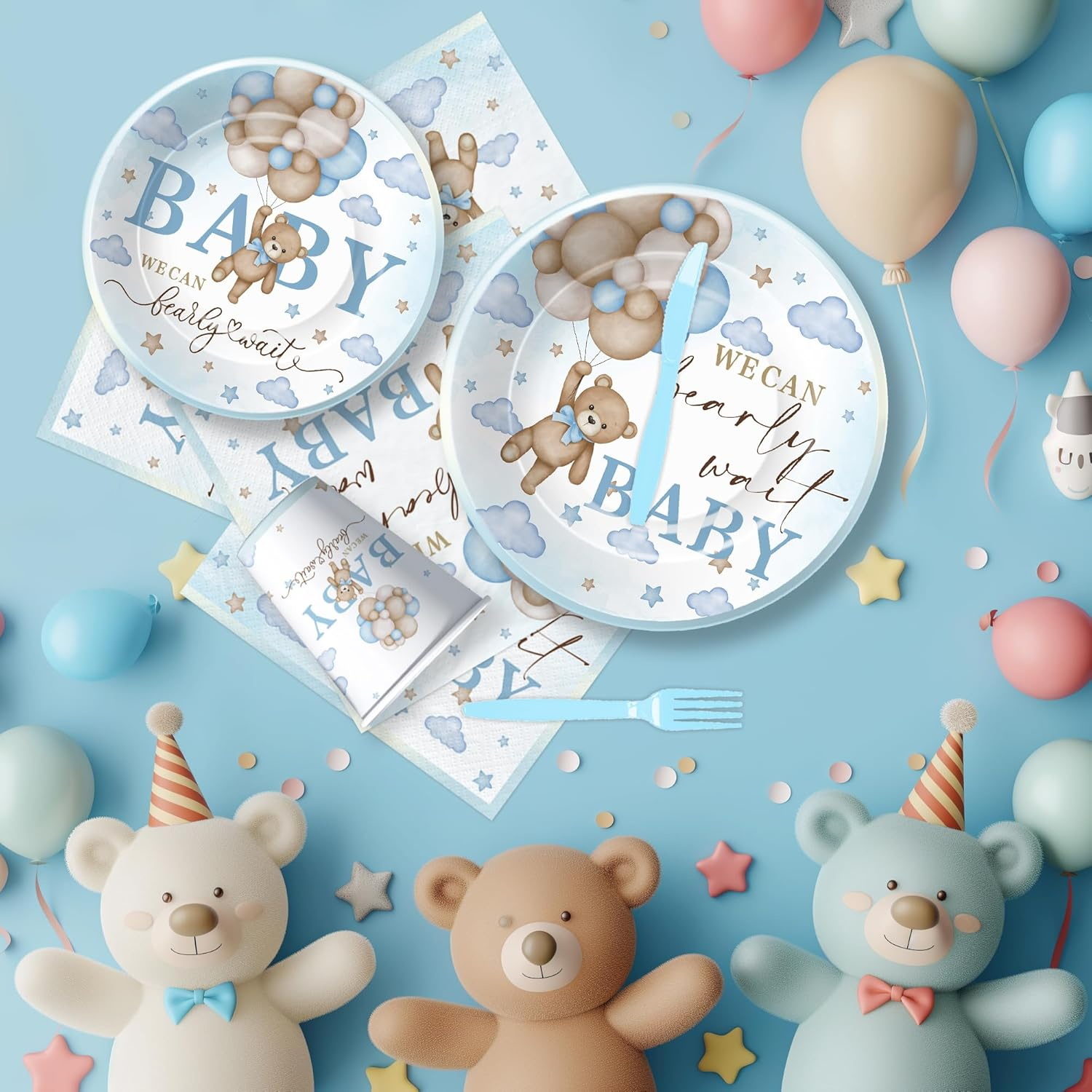 Suhelkit Blue Bear Baby Shower Party Plate, Napkins, Cup and Cutlery Set image number 4
