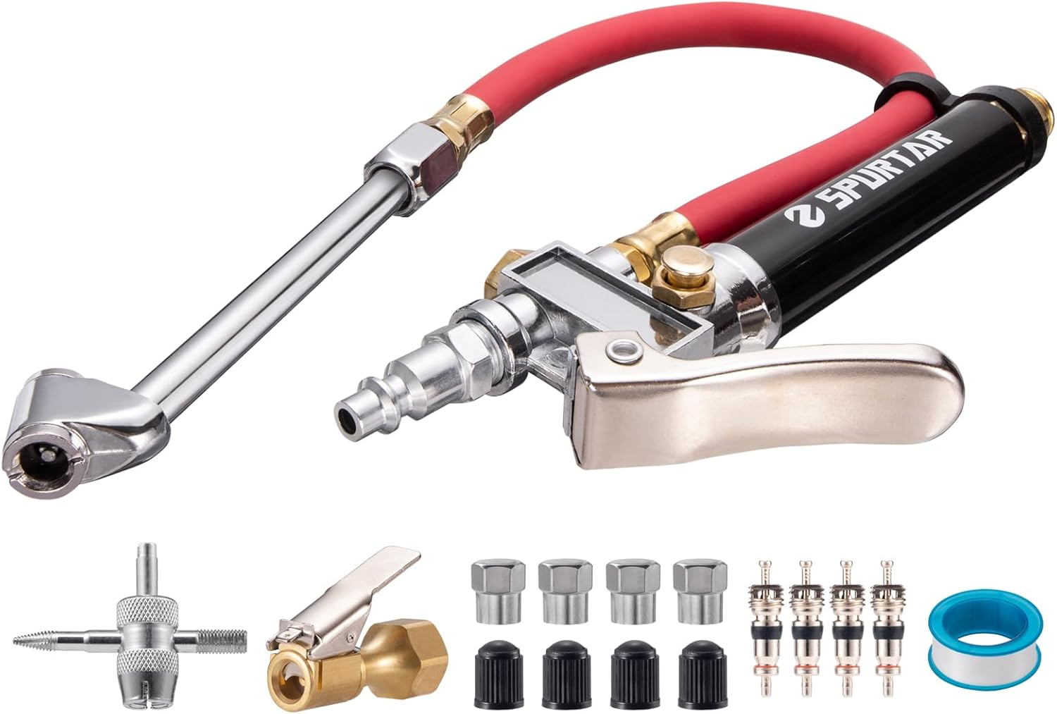 Spurtar 10-120 PSI Car Tire Inflator Gauge with 4 Way Tool and Valve Cores Automobiles Tire Pressure Gun with 12" Hose for Truck Motorcycle Bicycle image number 1