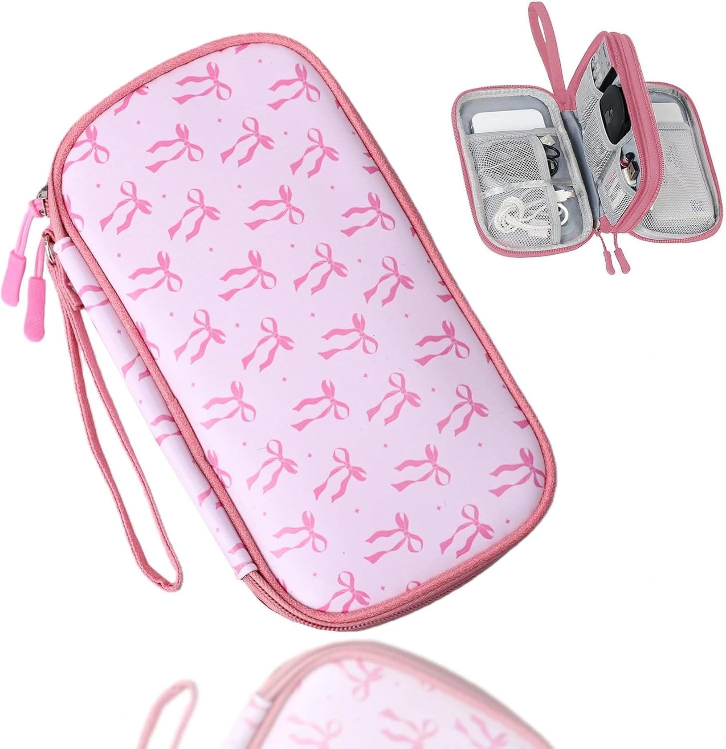 COSHAYSOO Electronics Organizer Bag Travel with Chenille Letter Patch TECH Traveling Must Have Accessories Cute Personalized Gift for Women Cable Cord Charger Storage Pouch (Greenish Blue) - Black-Bowknot