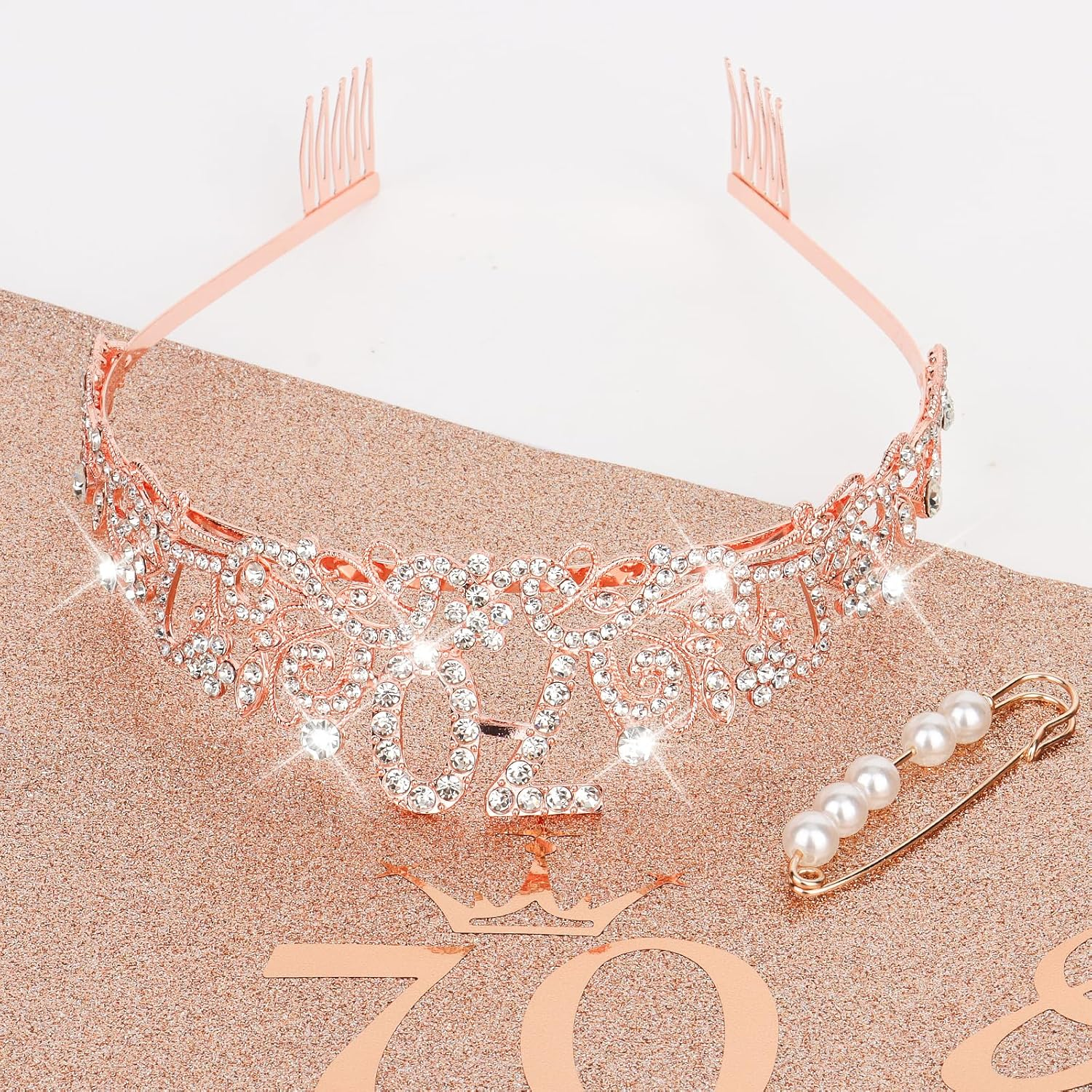 Rose Gold Birthday Tiara and Sash Set - Elegant Floral Rhinestone & Alloy 70Th Crown Headband with Comb & Soft Glitter Fabric Sash, Women'S Party Hair Accessories for 70Th Birthday image number 1