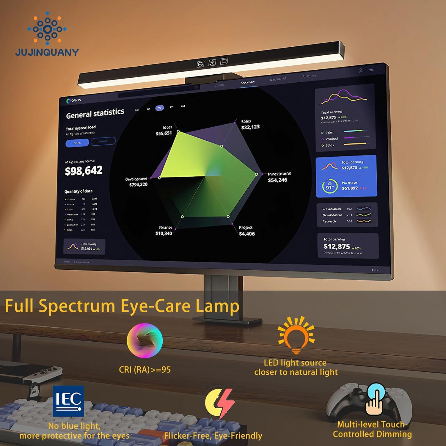 USB Computer Monitor Lamp Large 19.6-Inch LED Monitor Light Bar &ndash; 6500K, 167LM Auto-Dimming Usb-Powered Desk Lamp with Adjustable Color Temperature for Gaming, Office, Home Backlighting & E-Reading image number 2