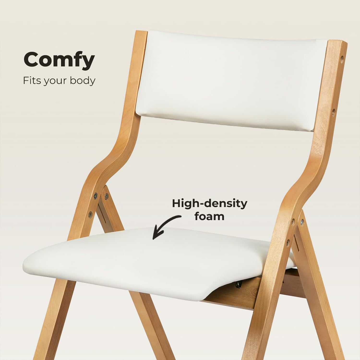 LEVEDE Set of 2 Folding Chairs, Full Assembly Dining Chairs, Solid Wood Frame Reading Seat, PU Leather Casual Chairs for Living Room, Cafe, Dining Room, Camping, Load up to 150Kg (Beige) - Beige image number 6