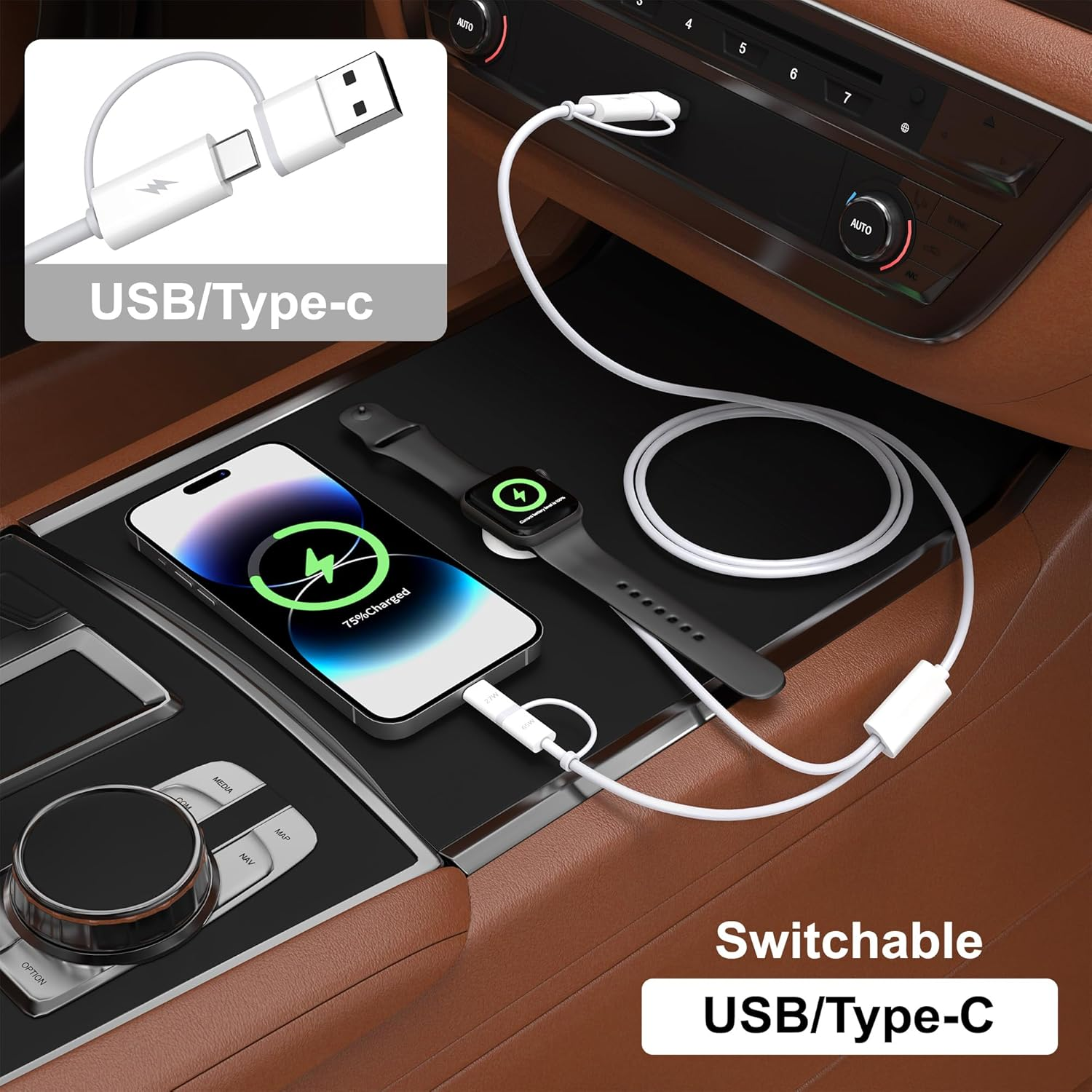 Zumyzu for 3 in 2 Apple Watch Magnetic Charger, Fast Charging to Usb-C/Lightning/Usb-A Multi Cable Cord 1.5M, Compatible with Iwatch Ultra/Series 11-1 Charger&Iphone Cable&Type-C Phones Cable image number 1