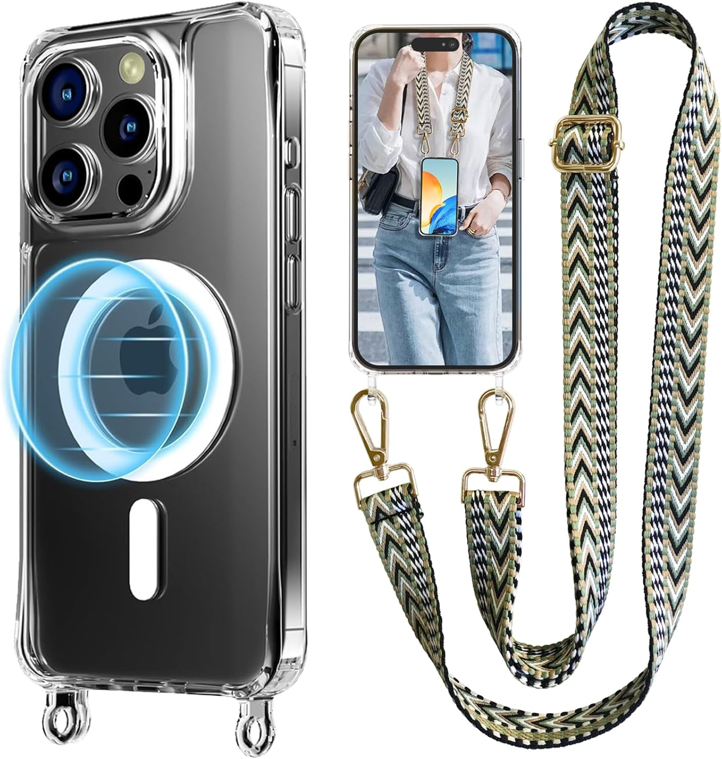 Unnfiko Mobile Phone Chain for Iphone 17 Pro, Magsafe Case with Strap, Transparent Magnetic Mobile Phone Case with Adjustable Chain for Hanging