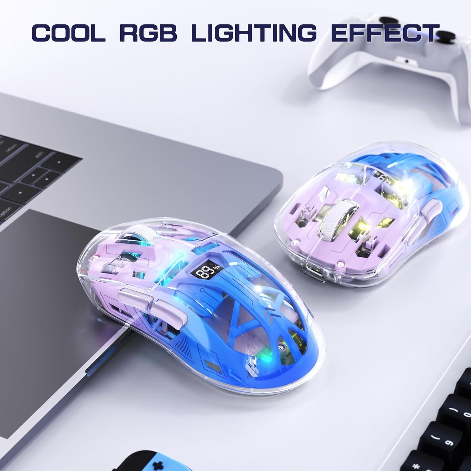 A2 Wireless Gaming Mouse, Dual Mode 2.4G/Bluetooth PC Gaming Mice, Ergonomic RGB Mouse with Battery Display Screen, Transparent Shell, Pixart 3212, 4000 DPI, for Win/Mac, Twilight Purple - Glazed White image number 3