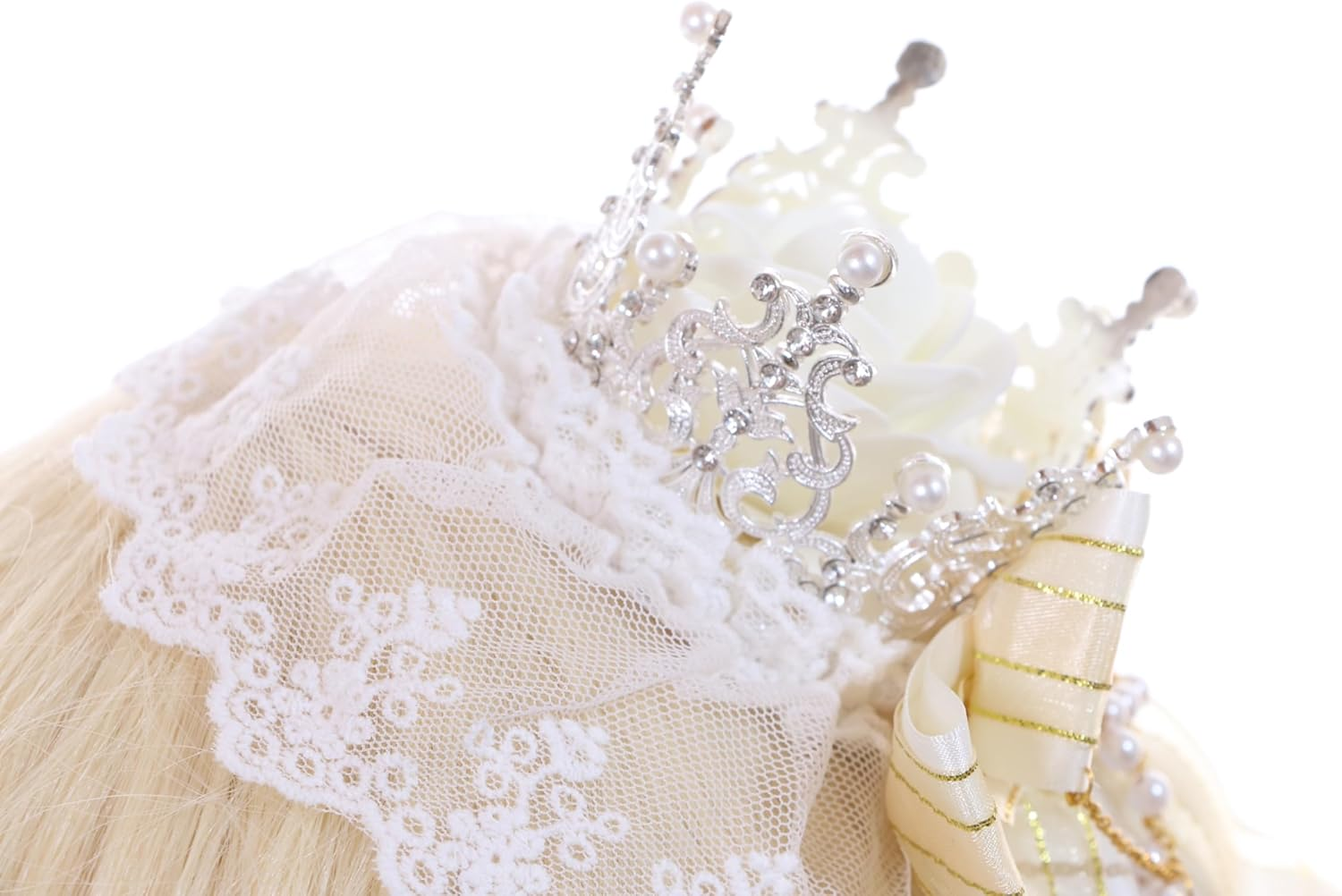 C-105-3 White Veil Gold Crown Red Rose Bow Lace Ruffle Gothic Lolita Party Celebration Hair Accessories Head Accessory image number 5