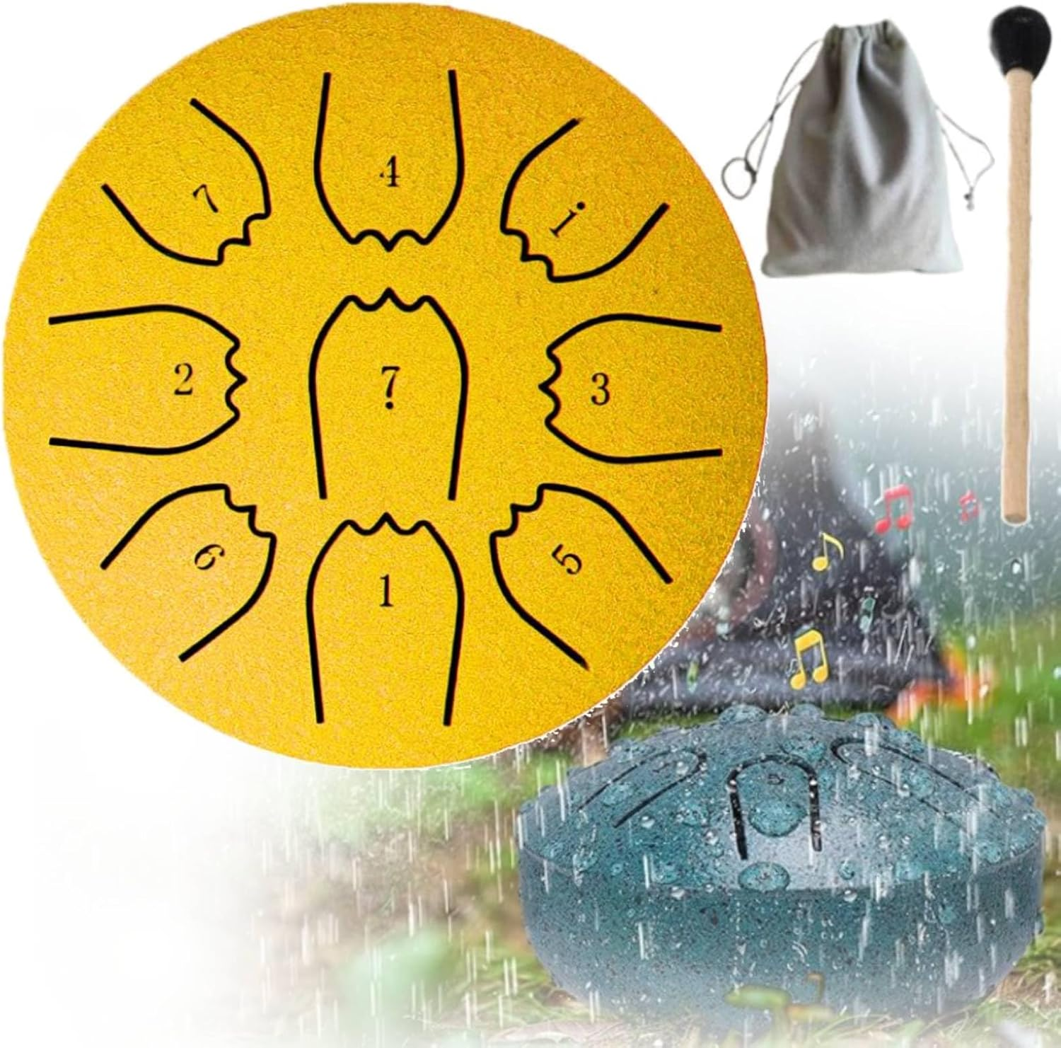 Rain Drum for outside Garden, 4 Inches 9 Notes Steel Tongue Chakra Drum Rain Chime Waterproof Musical Instrument for Garden, Mini Handpan Chakra Drum for Meditation, Yoga, Outdoor Relaxation (Blue)