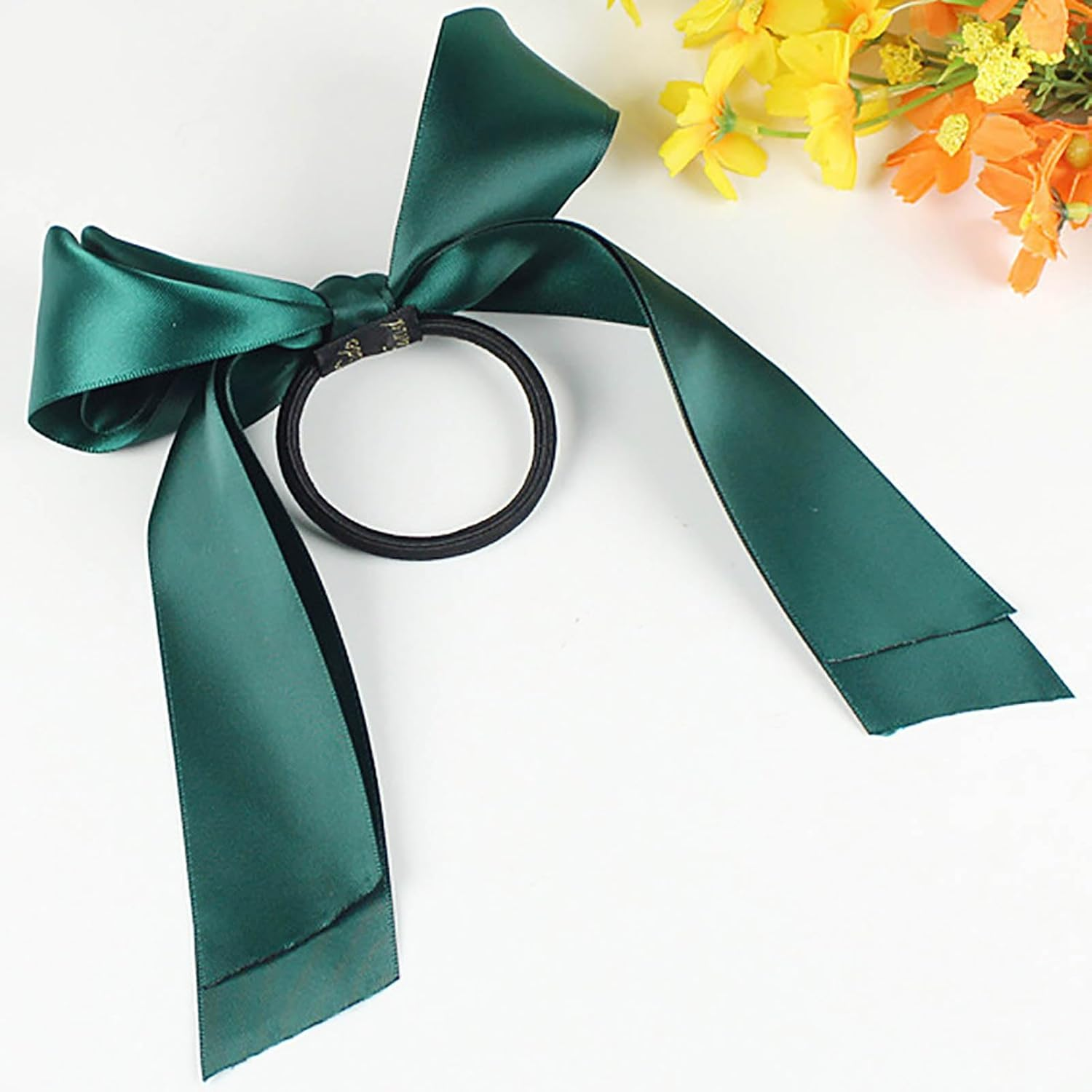 Crymystal Silky Satin Bow Hair Tie Green Bow Elastic Band Satin Hair Rope Tie Bowknot Ponytail Holder Ponytail Scrunchies Hair Accessories for Women and Long Hair Fashion Hair (Green) image number 2