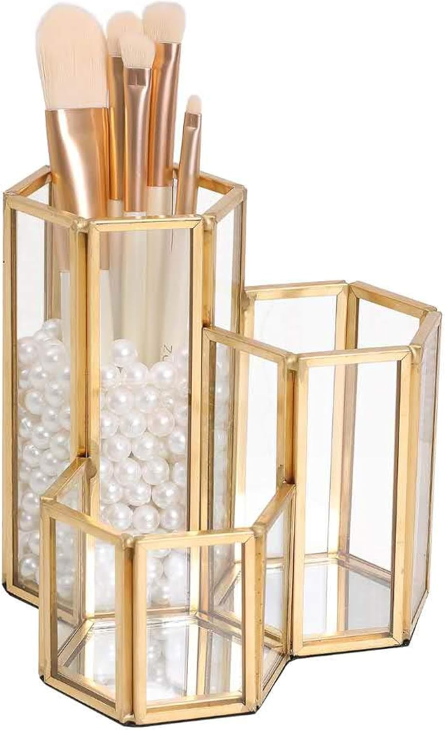 3 Compartment Gold Hexagon Glass Holder - Multipurpose Organizer for Makeup Brushes, Eyeliners & Desk Supplies | Decorative Vanity & Office Accessory image number 3