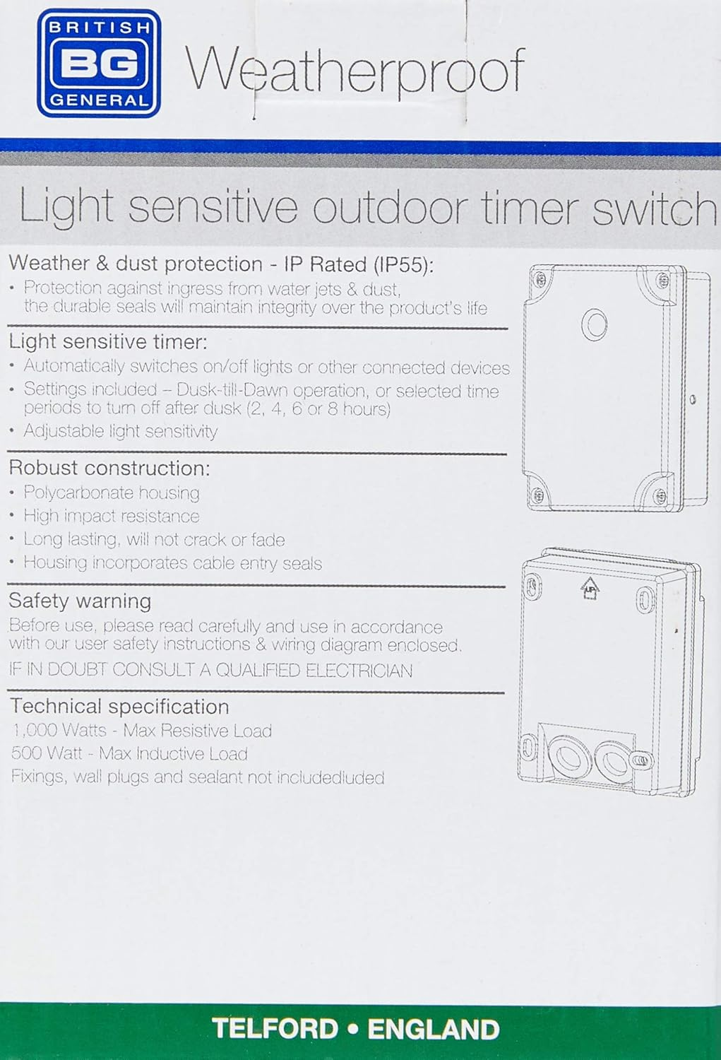 BG Electrical IP55 Dusk-Till-Dawn Outdoor Weatherproof Light Sensor Timer Switch, Grey image number 4