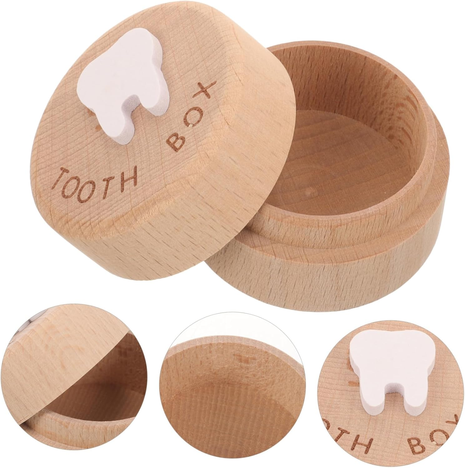 Wooden Baby Tooth Box Lid, Children Teeth Keepsake Organizer and Fetal Hair Holder, Small Natural Wood Storage Container for Boys and Girls Memory Collection image number 1