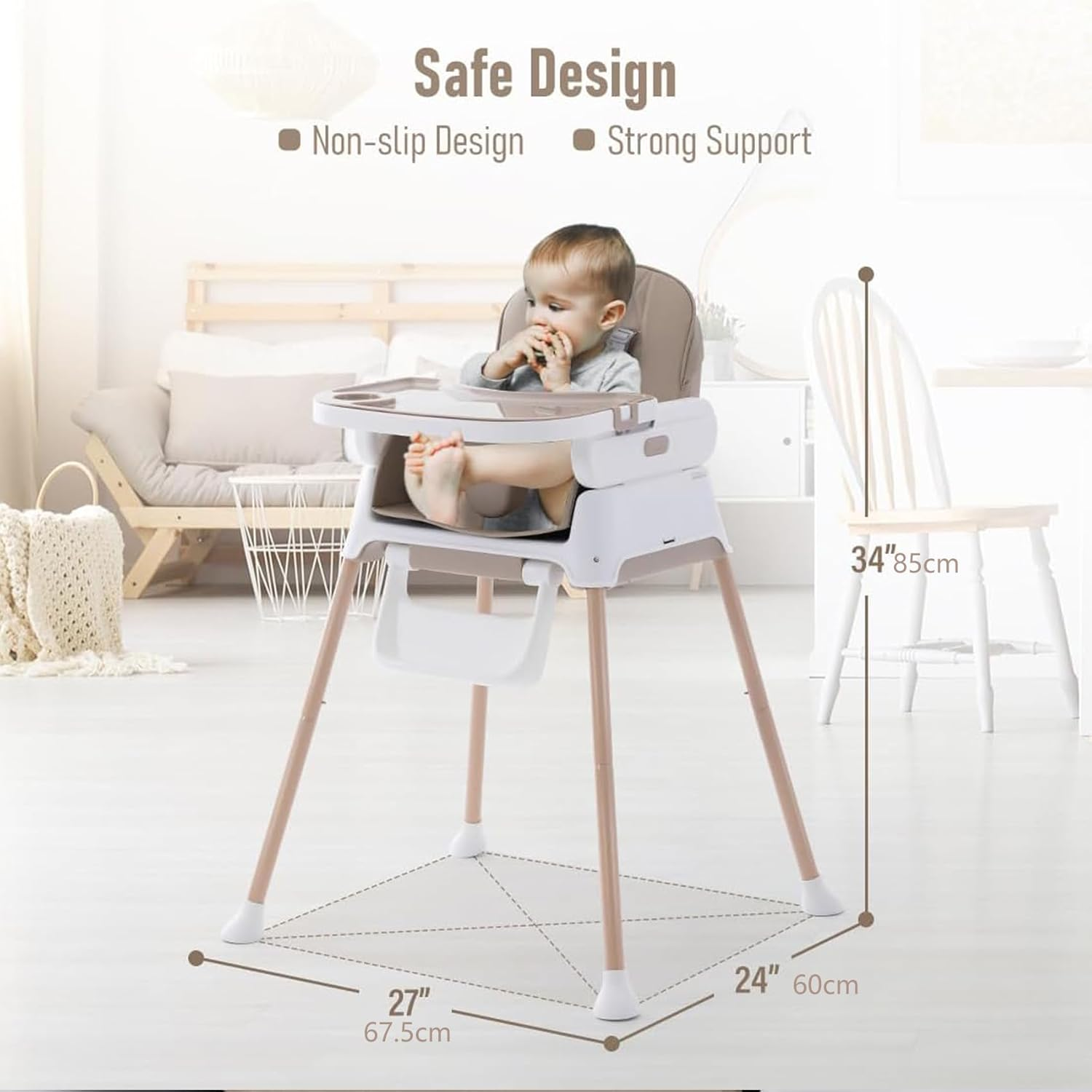 3 in 1 Baby High Chair, Adjustable Convertible Toddlers Feeding Booster for Eating, White 67 * 60 * 90CM image number 2