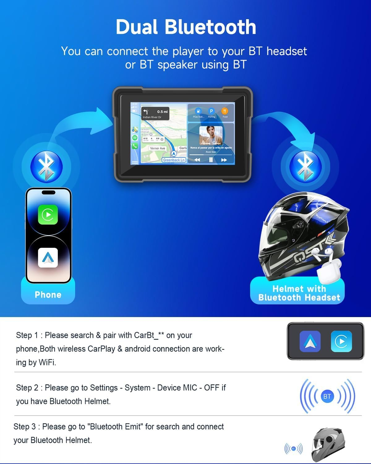 Rimoody Portable Motorcycle Carplay Screen, Portable Wireless Carplay Android Auto Car Stereo for Motorbike, 5" Waterproof Touchscreen, Dual Bluetooth, Navigation/Siri image number 3