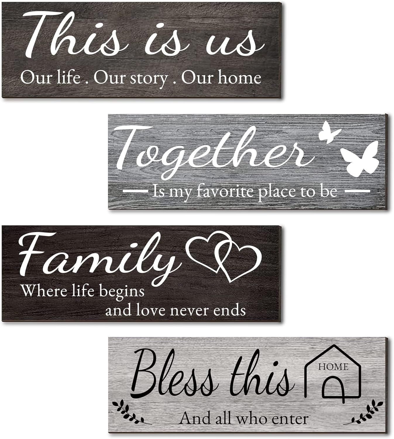 Joyhawk 4 Pieces Home Wall Decor Signs - THIS IS US/TOGETHER/BLESS THIS HOME/FAMILY for Living Room Bedroom, Rustic Wooden Farmhouse Art, 4.7 X 13.8 Inch (Mixed Color)