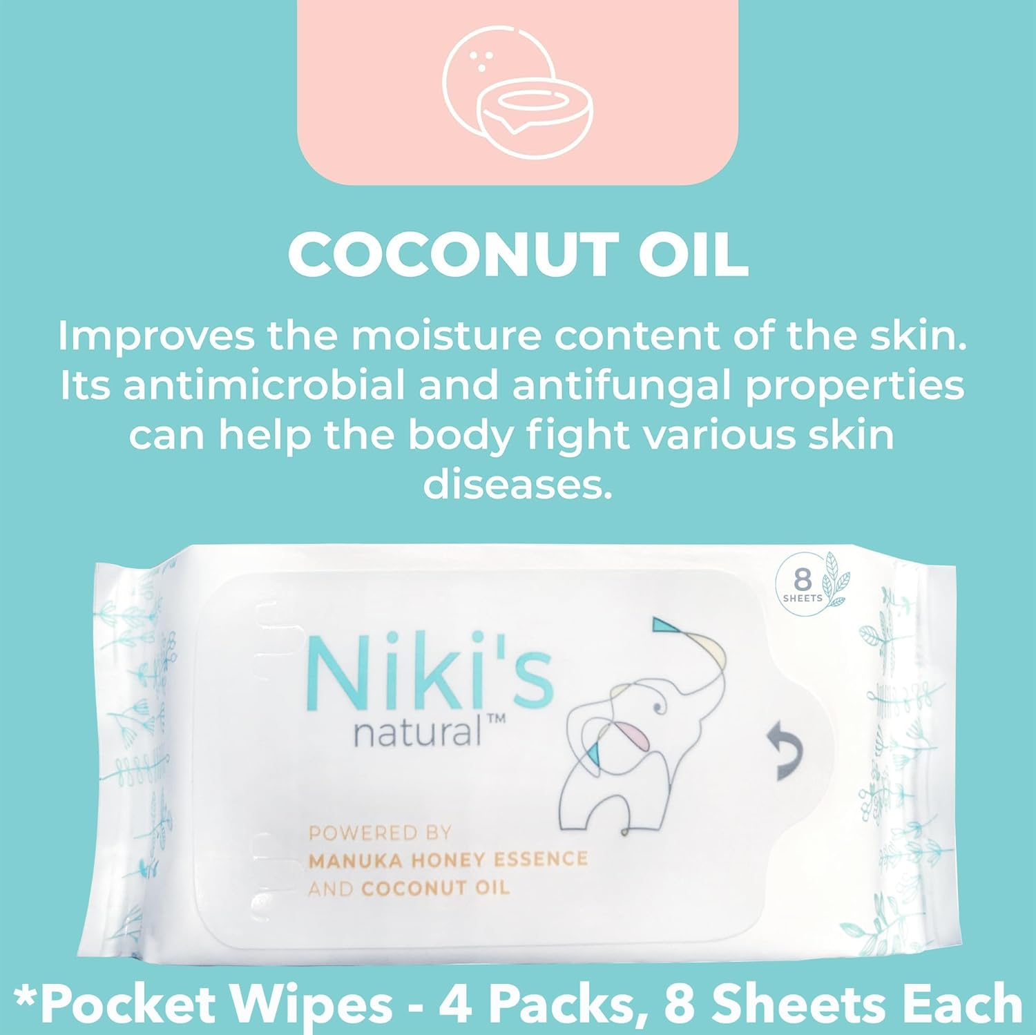 Niki'S Natural Pocket Baby Wipes | Organic Baby Wipes Sensitive | Made with Manuka Honey and Coconut Oil, Unscented | EWG Verified | 32 Wipes (4 Pack X 8 Count Wipes) image number 3