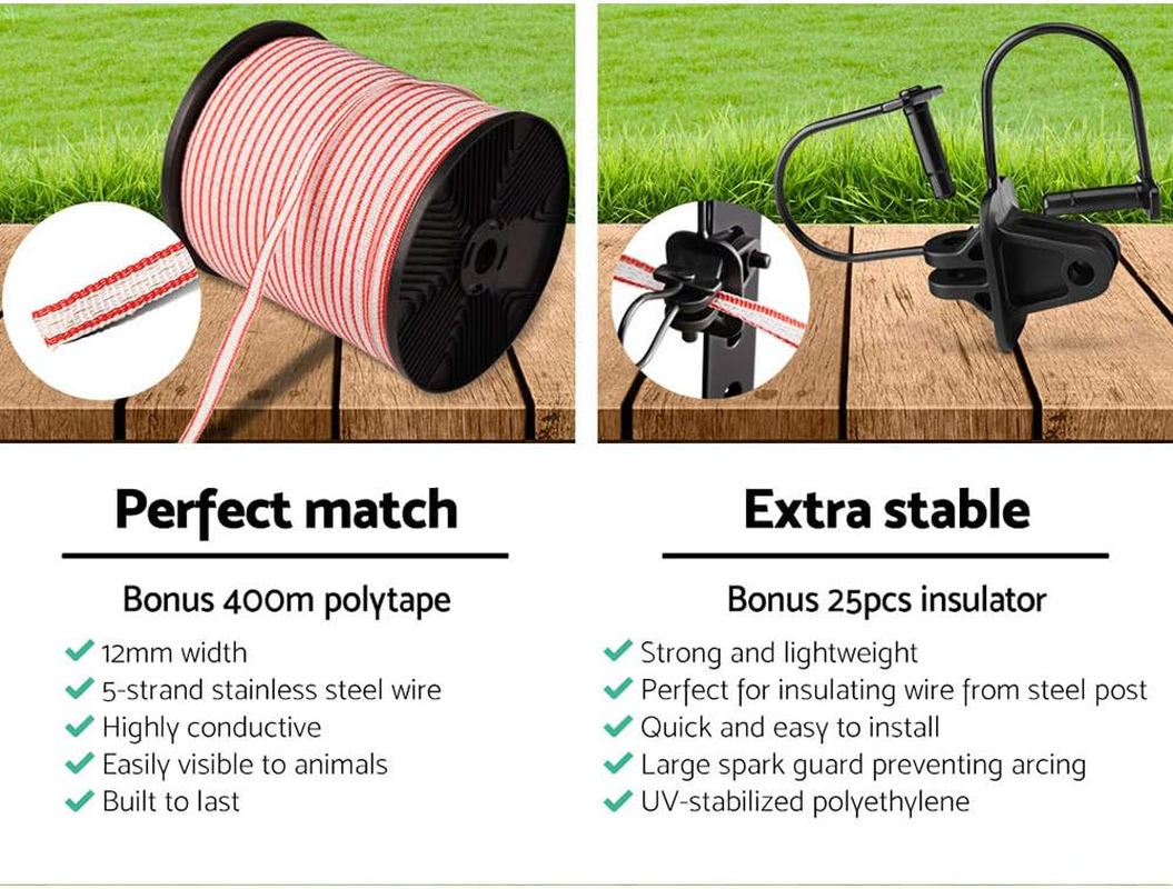 Giantz Fence Energiser 5Km Solar Energizer Charger Electric Wire, Fencing Equipment, 0.15J Discharge Energy Lead Sealed Battery Panel 400M Polytape Width 12Mm image number 6