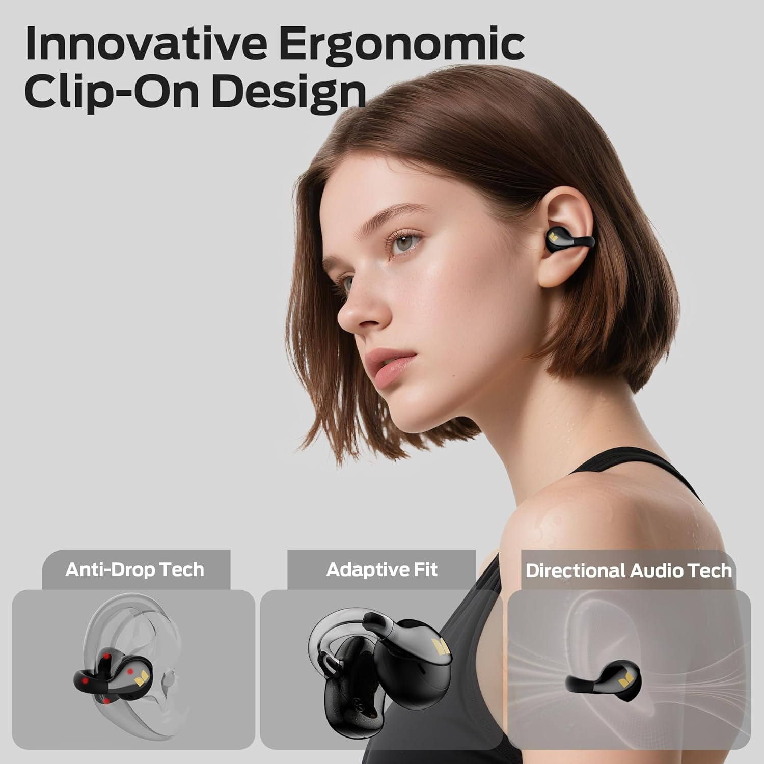 Monster Open Ear AC225 Headphones, Bluetooth 6.0 Wireless Earbuds, Stereo Sound, Lightweight Comfort Clip-On Earbuds with ENC Mic for Clear Calls, 36H Playtime, Touch Control, IPX6 Waterproof, Black