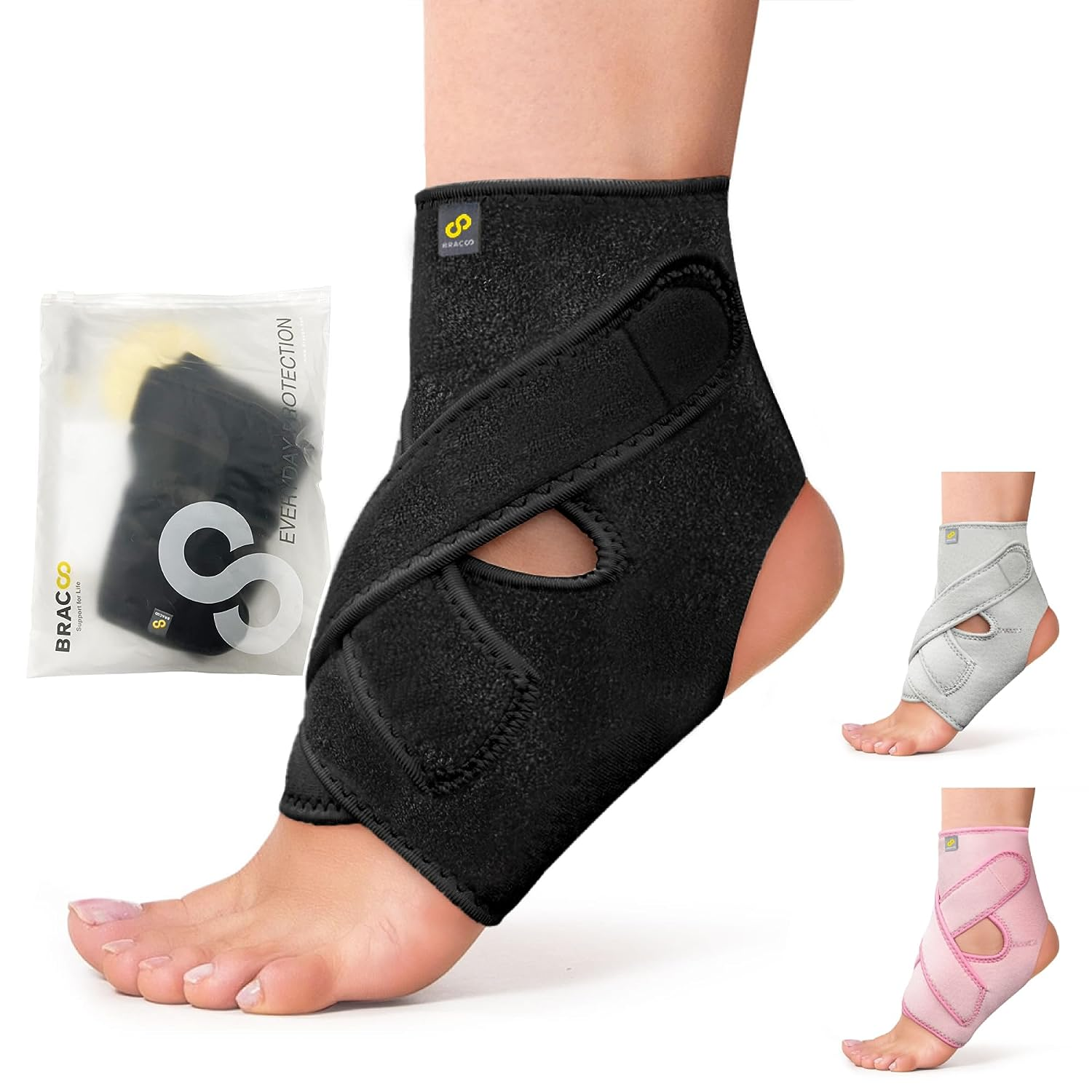BRACOO Ankle Brace, Ankle Support for Plantar Fasciitis, Achilles Tendonitis, Ligament Damage, Sprained Ankle, Sprain, Pain Relief, Injury Recovery, Open-Heel Design, FS10, Black, S/M