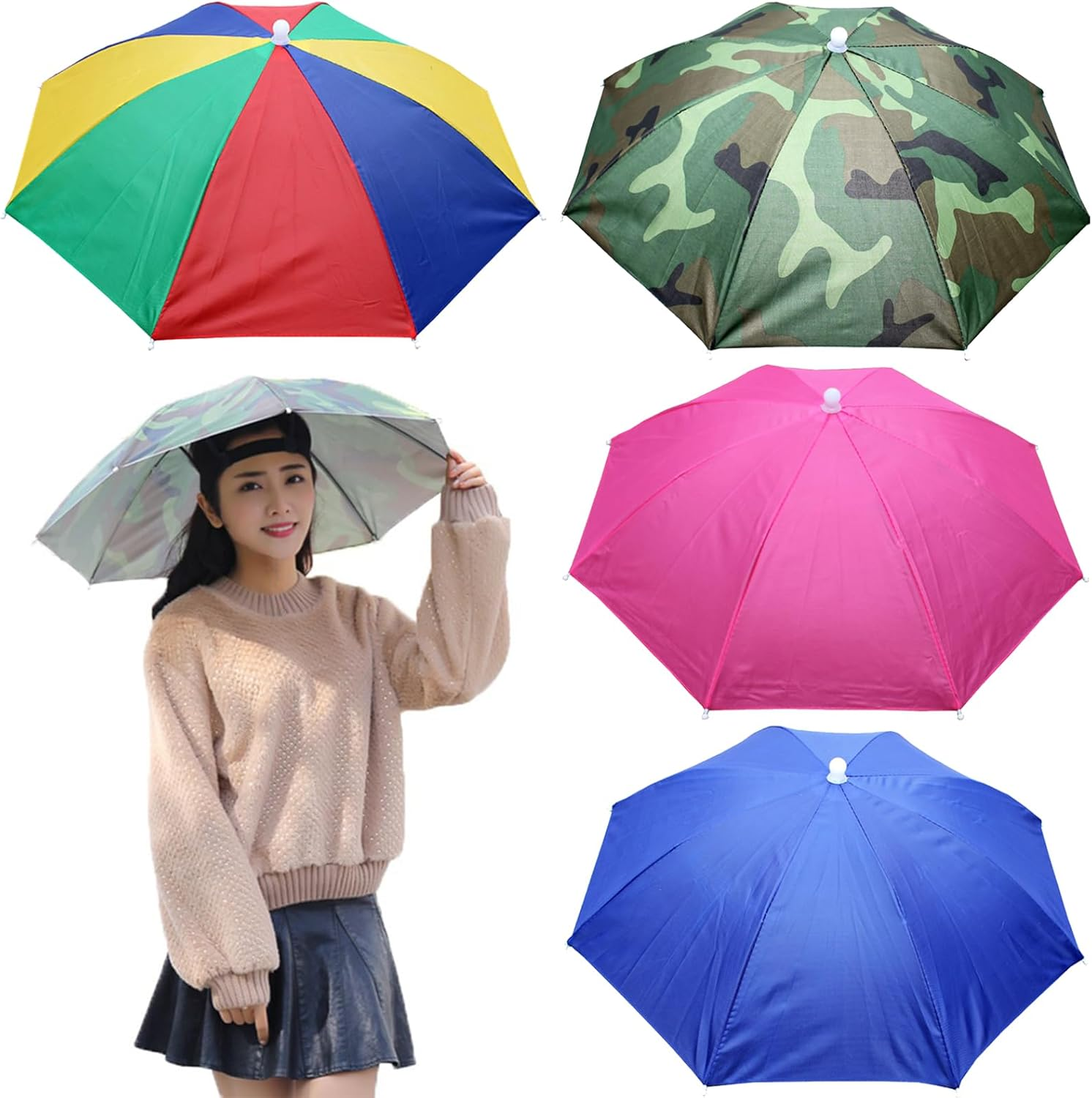 MUFEKUM 4 Pack Umbrella Hats, 20.5" Hands-Free Head Umbrella Hats for Kids, Folding Waterproof Umbrella Cap with Head Strap for Outdoor Party, Fishing, Sun, Rain, Beach, Golf, Hiking
