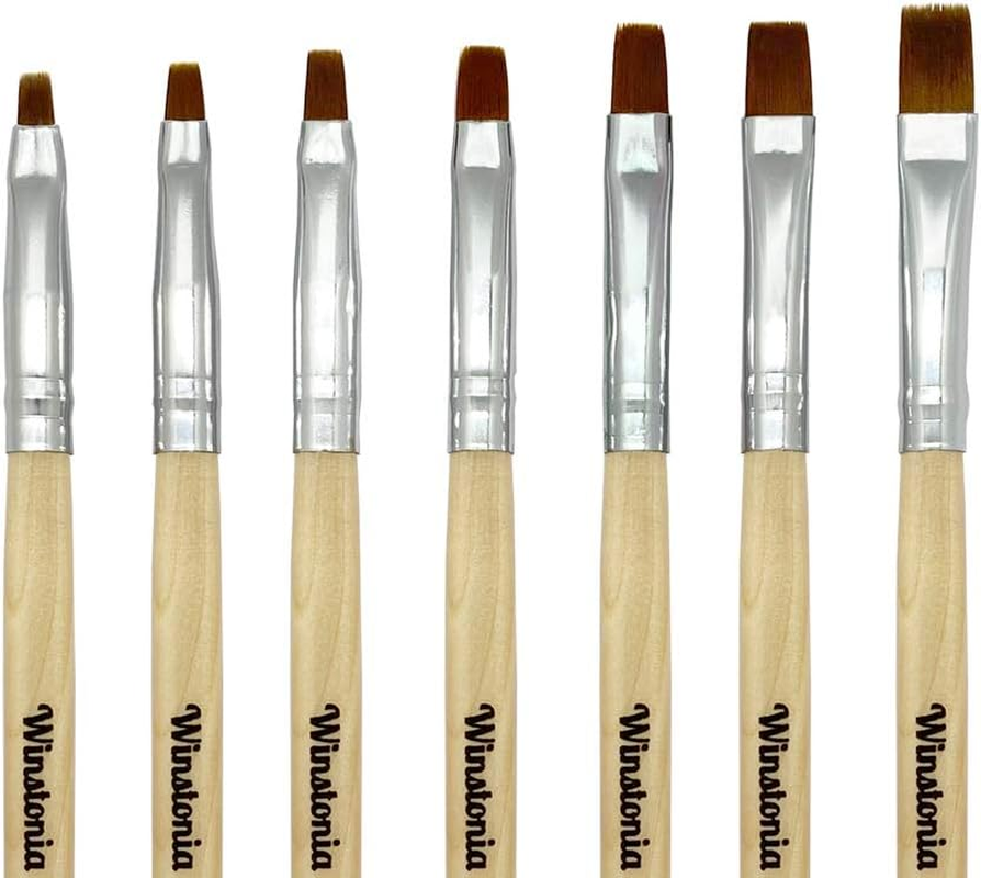 Winstonia FLAT Gel Nail Brush Set 7 Pcs Size 2,4,6,8,10,12,14 - Nail Tips Builder & Overlay, Sculpting, Poly Gel, and Extensions - Flat Shape Brushes Manicure Painting Pens