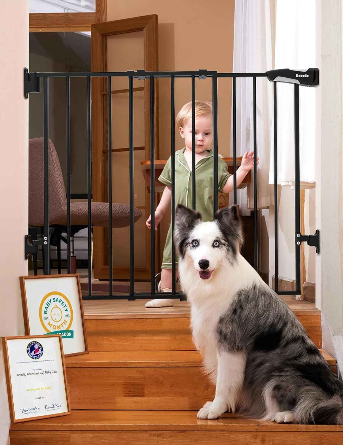 Babelio 66-109 CM Auto Close Baby/Dog Gate for Stairs, 2-In-1 Easy Swing Doorway and Hallway Pet Gate, with Extra-Wide Walk Thru Door and Threshold-Free Design, White