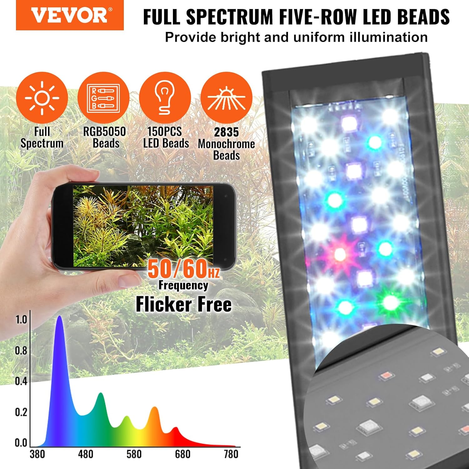 VEVOR Aquarium Light, 26W Full Spectrum Fish Tank Light with 24/7 Natural Mode, Adjustable Timer & 5-Level Brightness, with Aluminum Alloy Shell Extendable Brackets for 30"-36" Freshwater Planted Tank image number 5