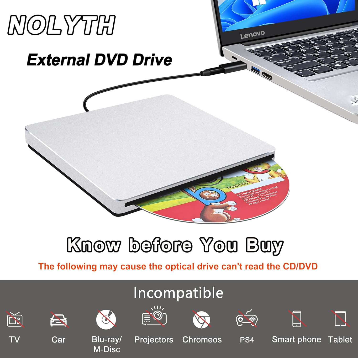 NOLYTH External CD DVD Drive: Plug & Play for Laptop Mac Macbook PC Windows - Portable High-Transfer USB C Burner for Music/Movie/Data Backup - Slot-In Aluminum with USB 3.0 Adapter(Silver)